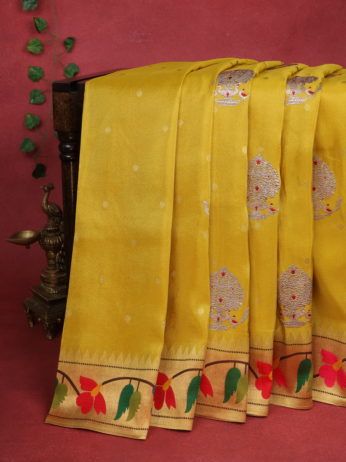 Yellow Gold Tissue Woven Saree With Rich Paithani Border & Pallu