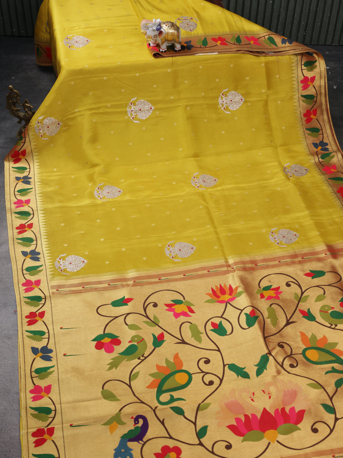 Yellow Gold Tissue Woven Saree With Rich Paithani Border & Pallu
