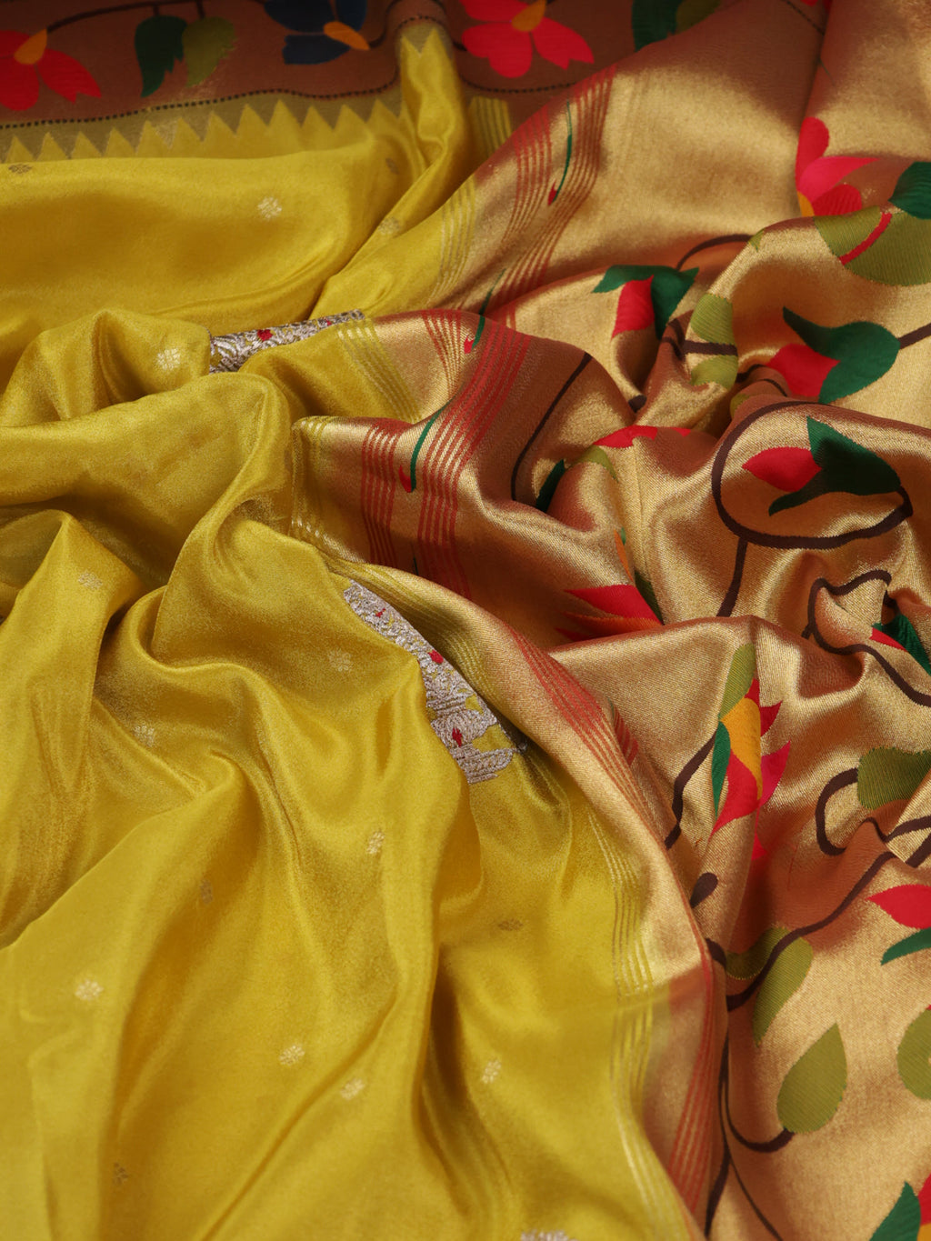 Yellow Gold Tissue Woven Saree With Rich Paithani Border & Pallu