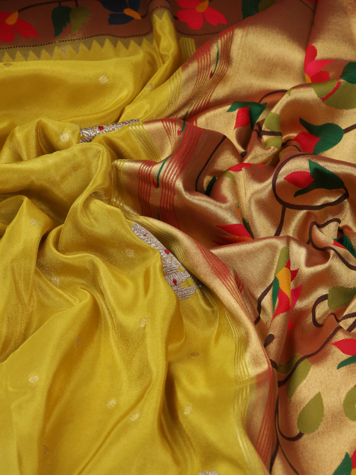 Yellow Gold Tissue Woven Saree With Rich Paithani Border & Pallu