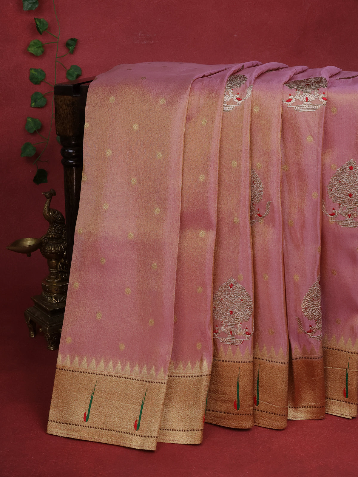 Dual Tone Pink Tissue Woven Saree Rich Muniya Butta Border & Paithani Pallu
