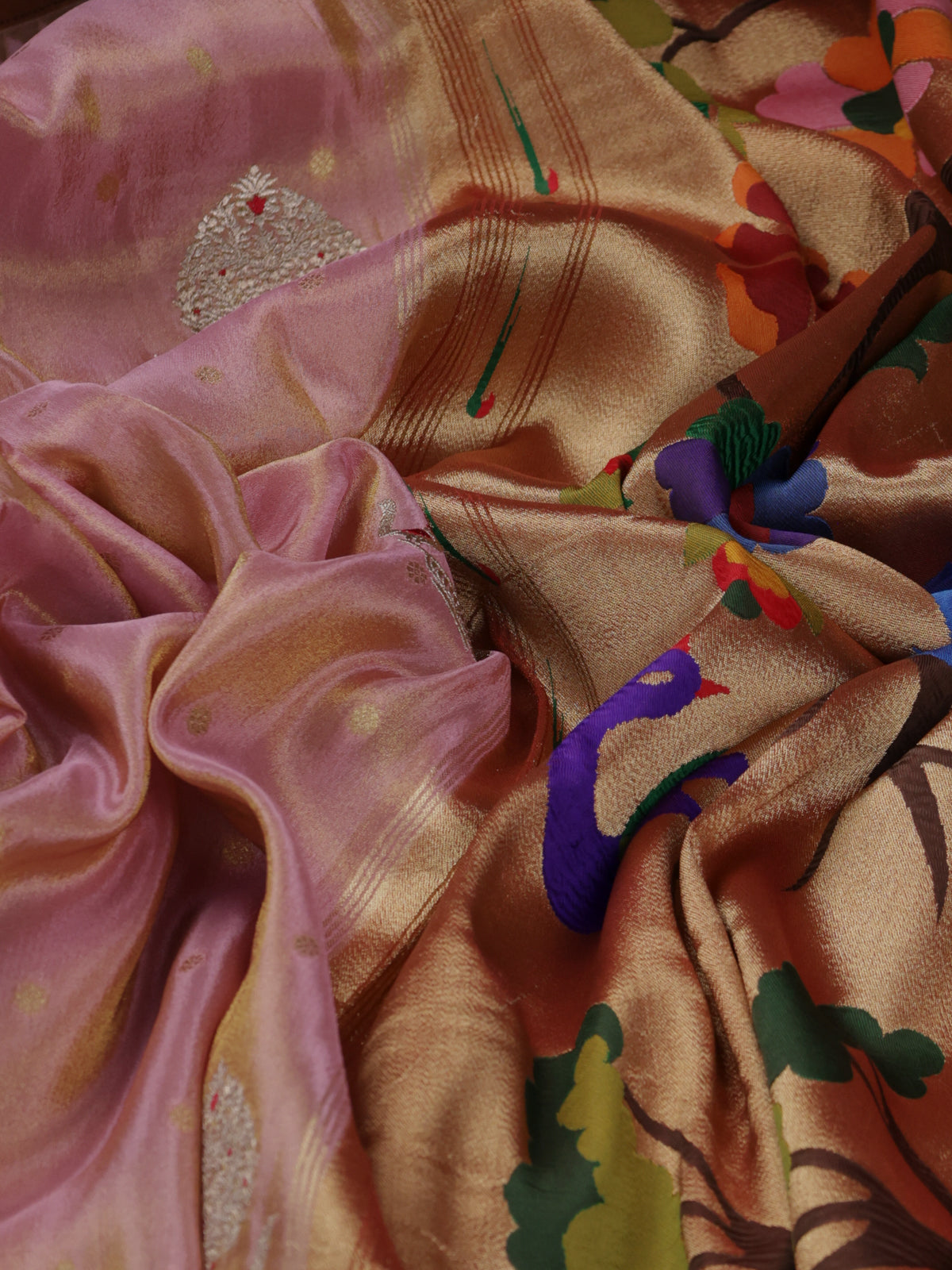 Dual Tone Pink Tissue Woven Saree Rich Muniya Butta Border & Paithani Pallu