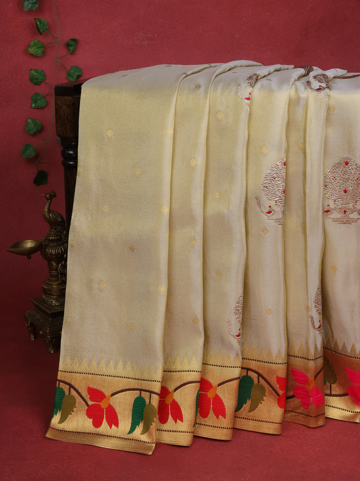 Cream Tissue Woven Saree With Rich Paithani Border & Pallu