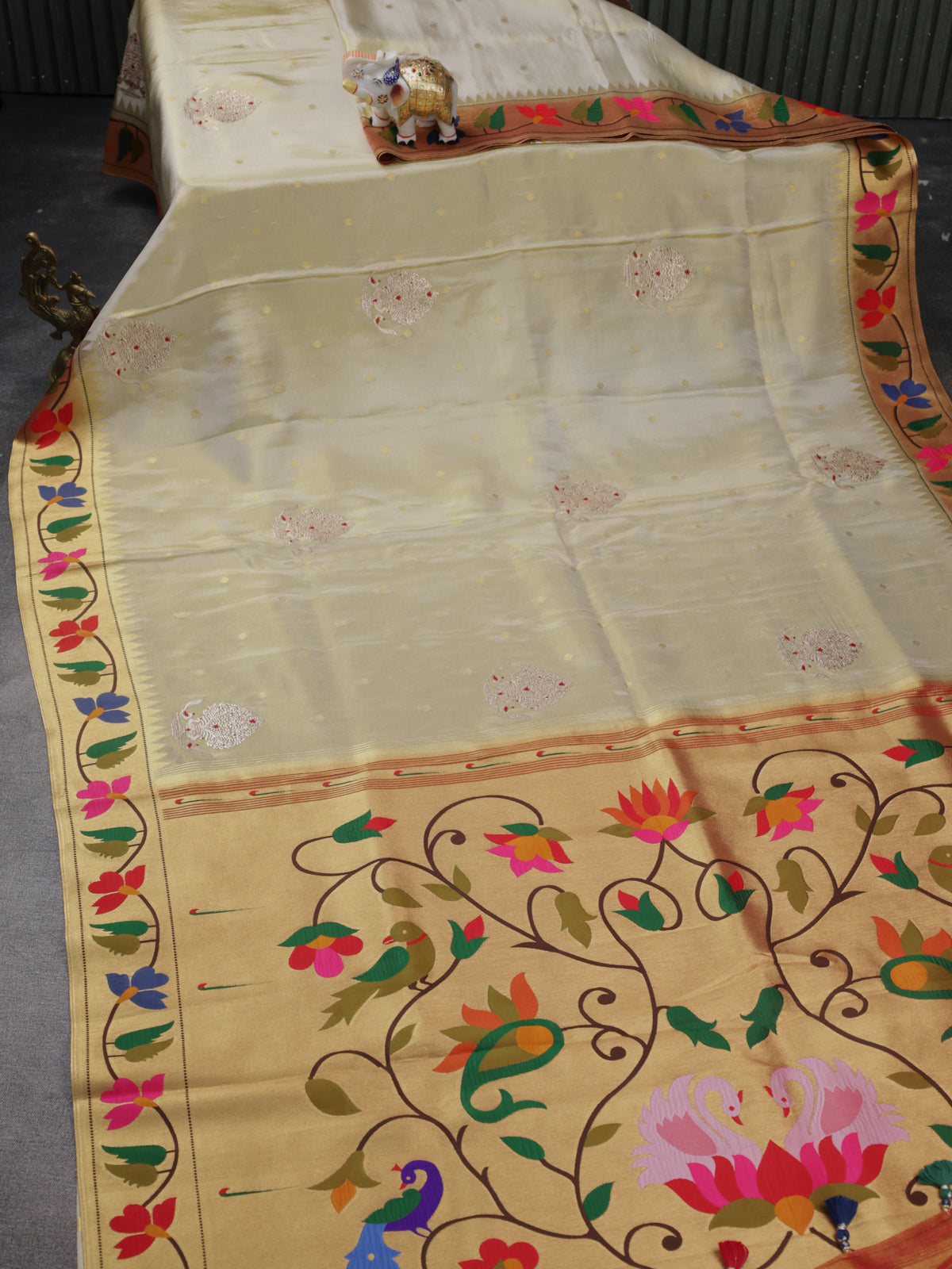 Cream Tissue Woven Saree With Rich Paithani Border & Pallu