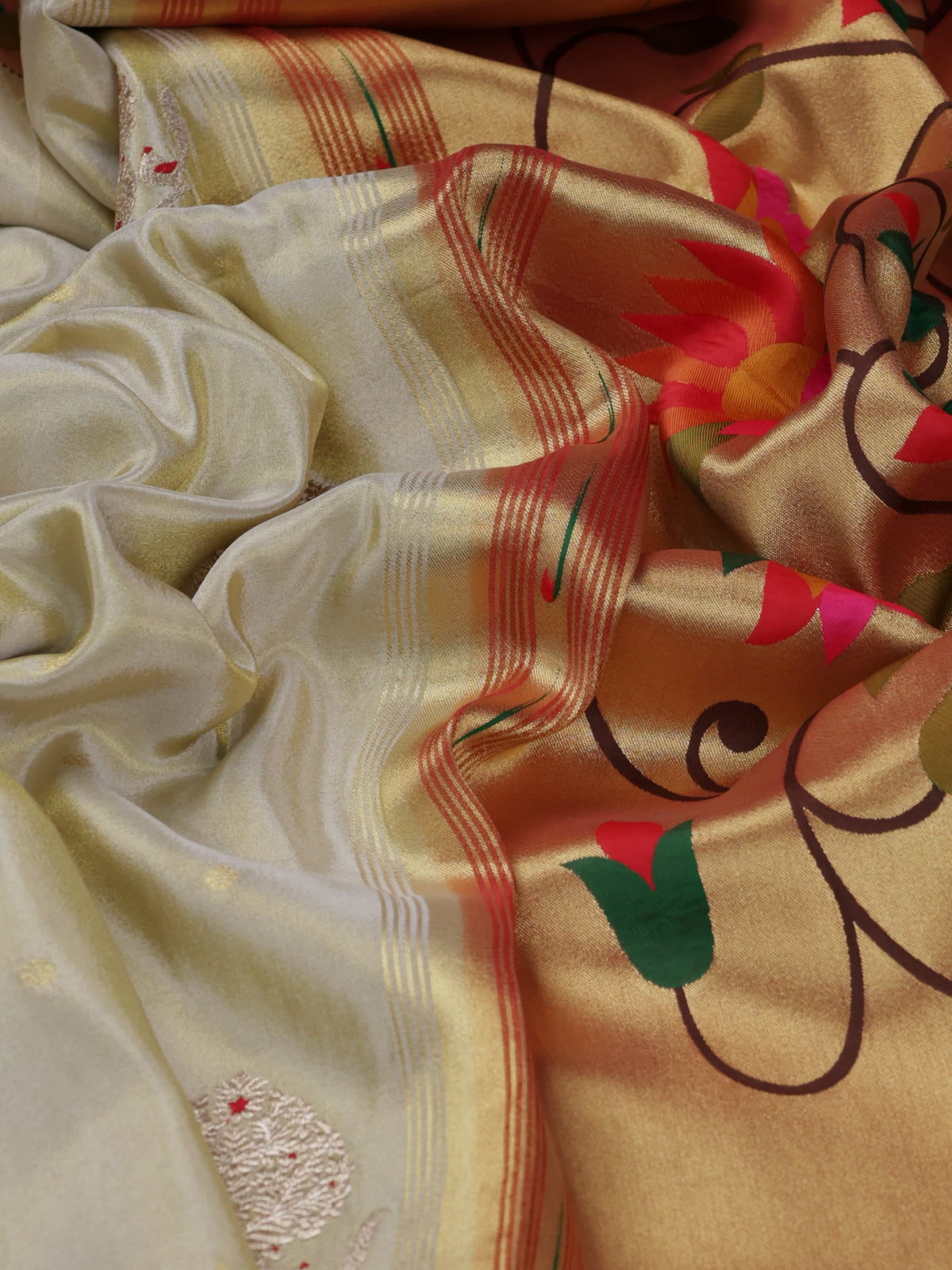 Cream Tissue Woven Saree With Rich Paithani Border & Pallu