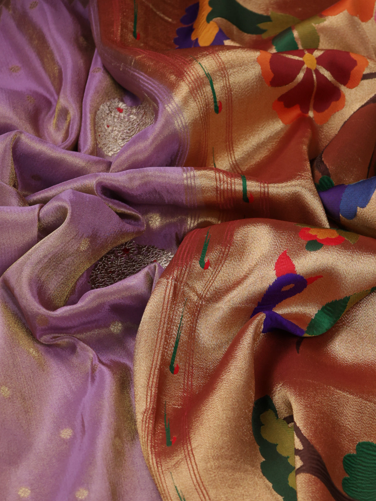 Dual Tone Lavender Tissue Woven Saree With Rich Muniya Butta Border & Paithani Pallu