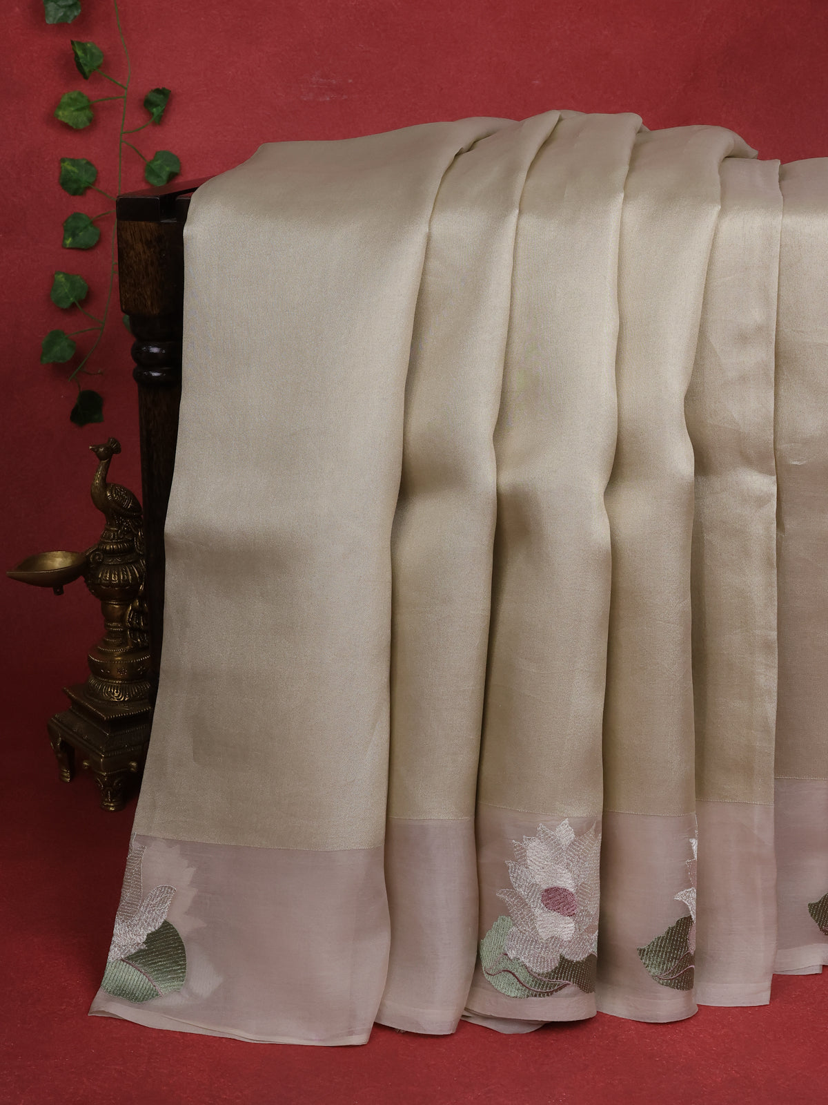 Beige Pure Banarasi Tissue Organza Saree With Border Floral Embroided Butta