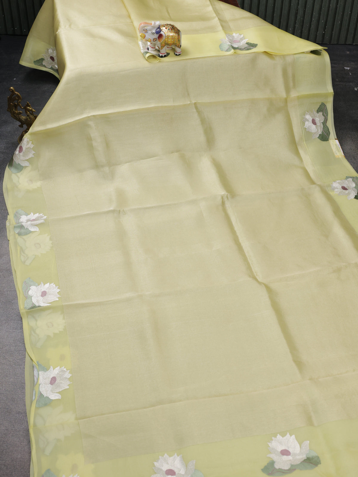 Pale Yellow Pure Banarasi Tissue Organza Saree With Border Floral Embroided Butta