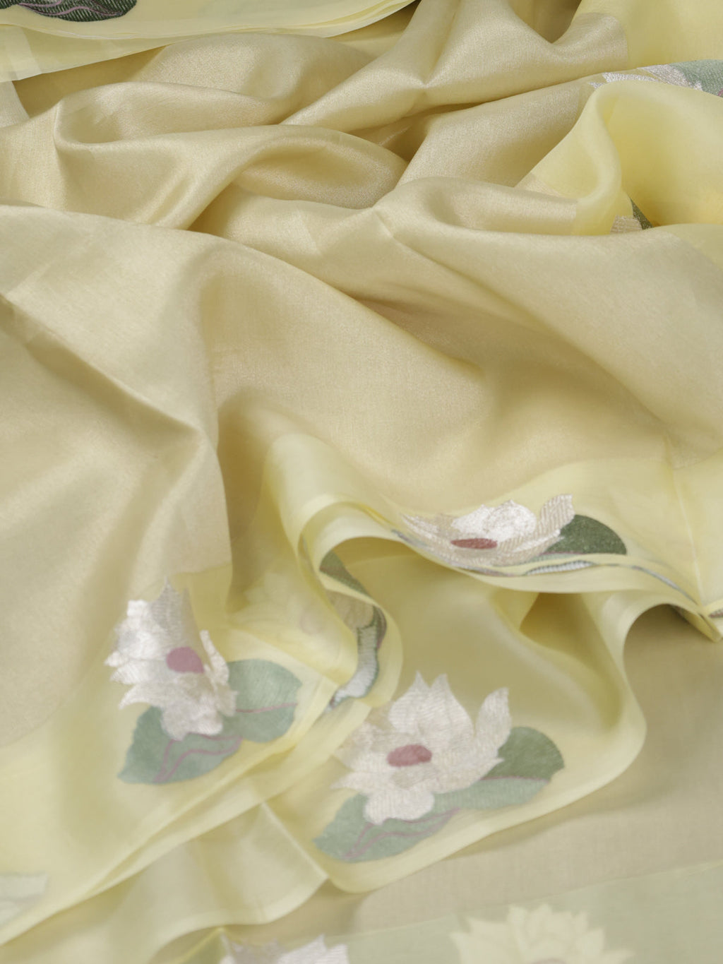 Pale Yellow Pure Banarasi Tissue Organza Saree With Border Floral Embroided Butta