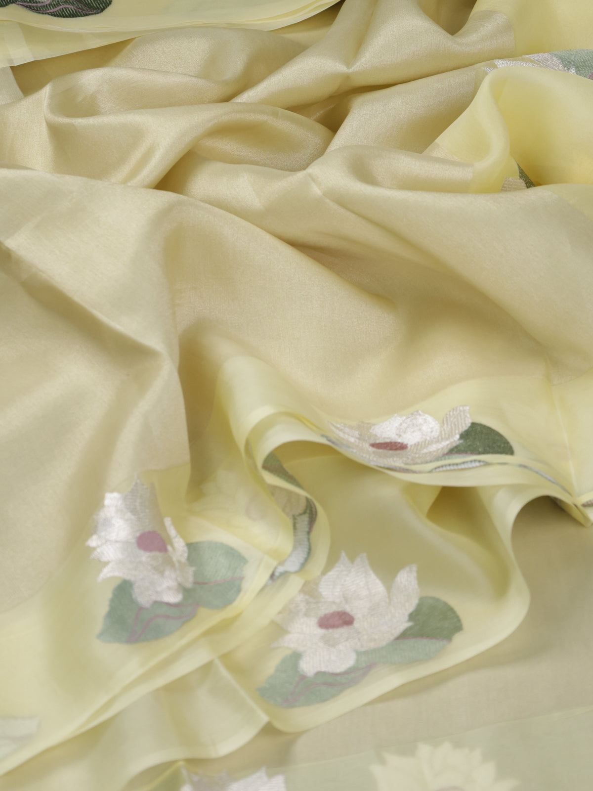 Pale Yellow Pure Banarasi Tissue Organza Saree With Border Floral Embroided Butta