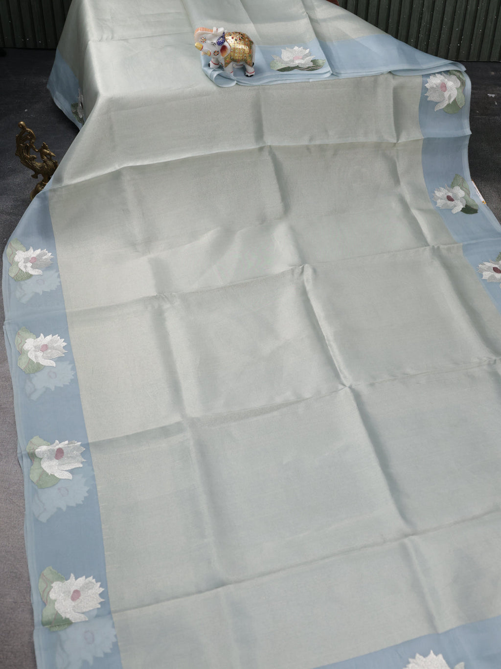 Pastel Blue Pure Banarasi Tissue Organza Saree With Border Floral Embroided Butta