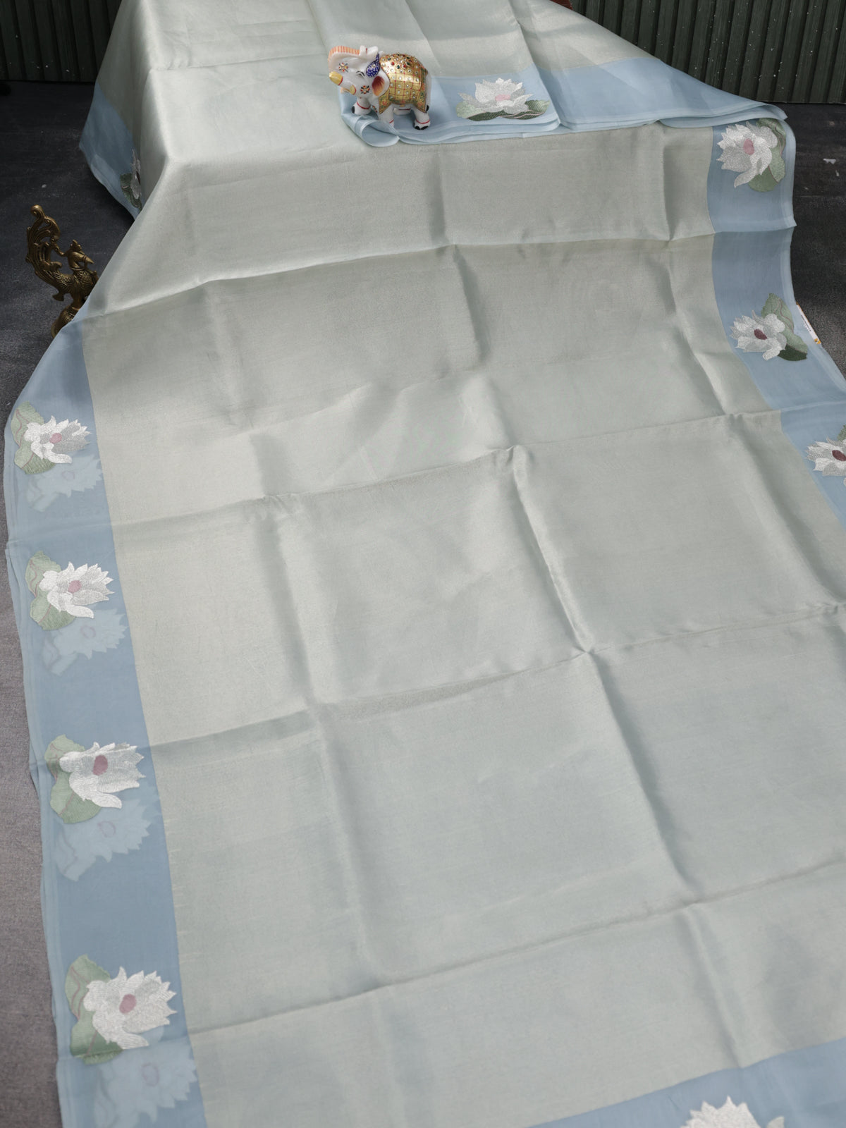 Pastel Blue Pure Banarasi Tissue Organza Saree With Border Floral Embroided Butta