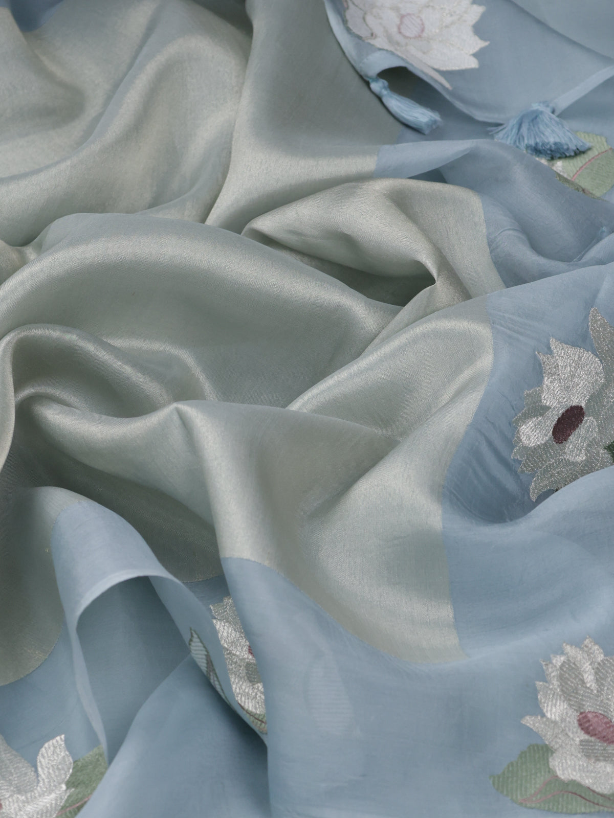 Pastel Blue Pure Banarasi Tissue Organza Saree With Border Floral Embroided Butta