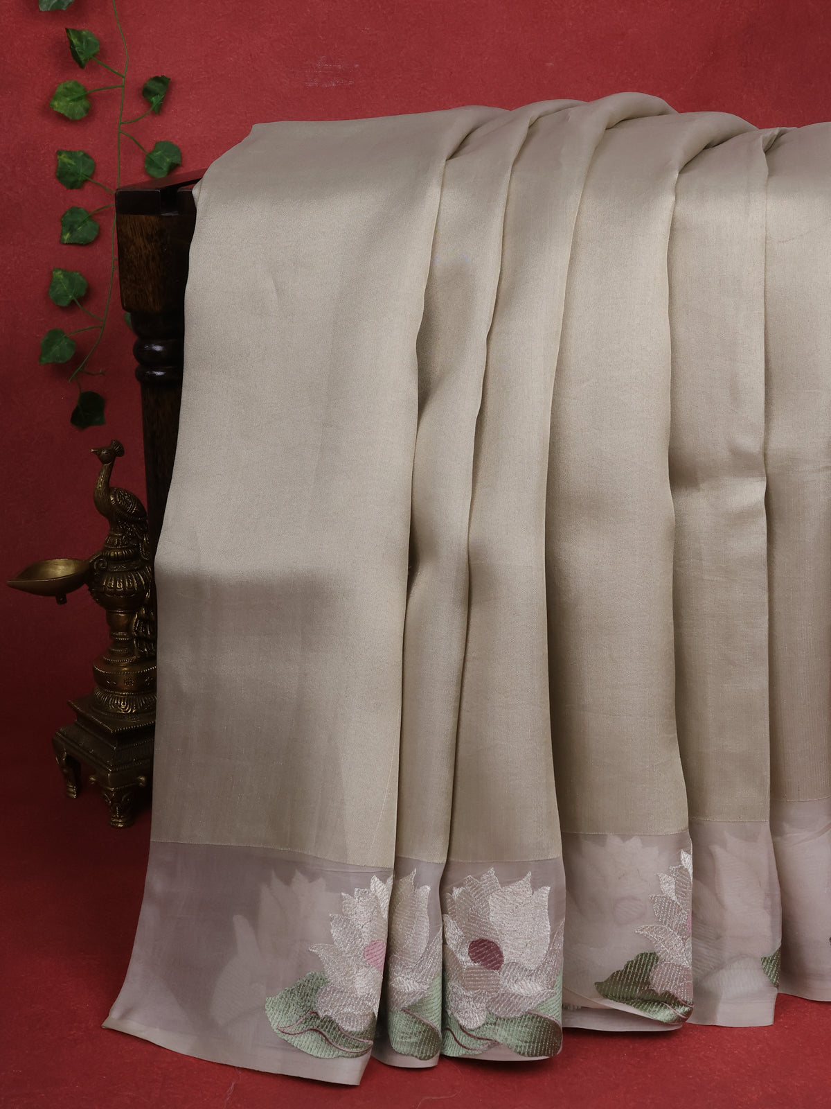 Pastel Grey Pure Banarasi Tissue Organza Saree With Border Floral Embroided Butta