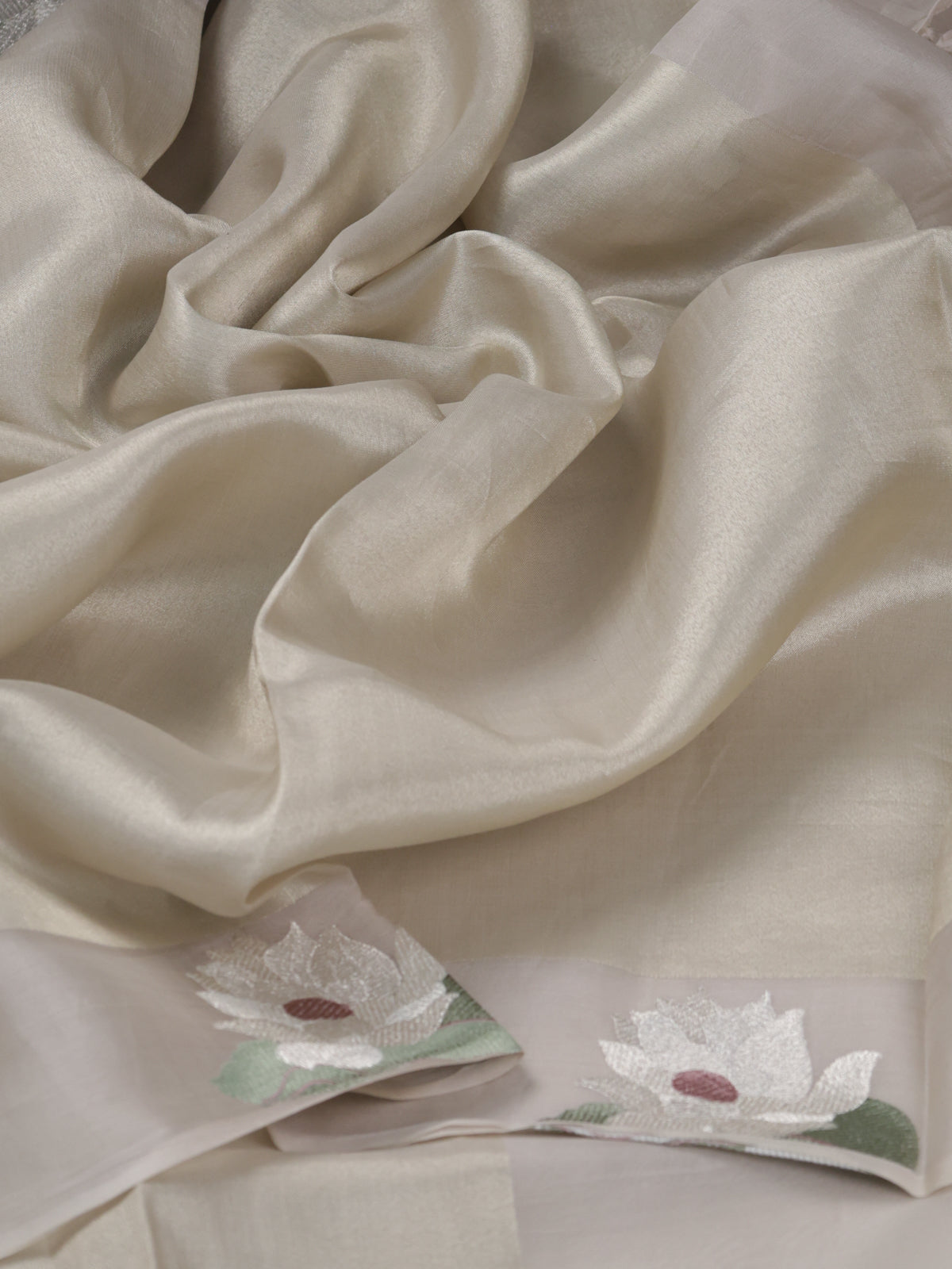 Pastel Grey Pure Banarasi Tissue Organza Saree With Border Floral Embroided Butta