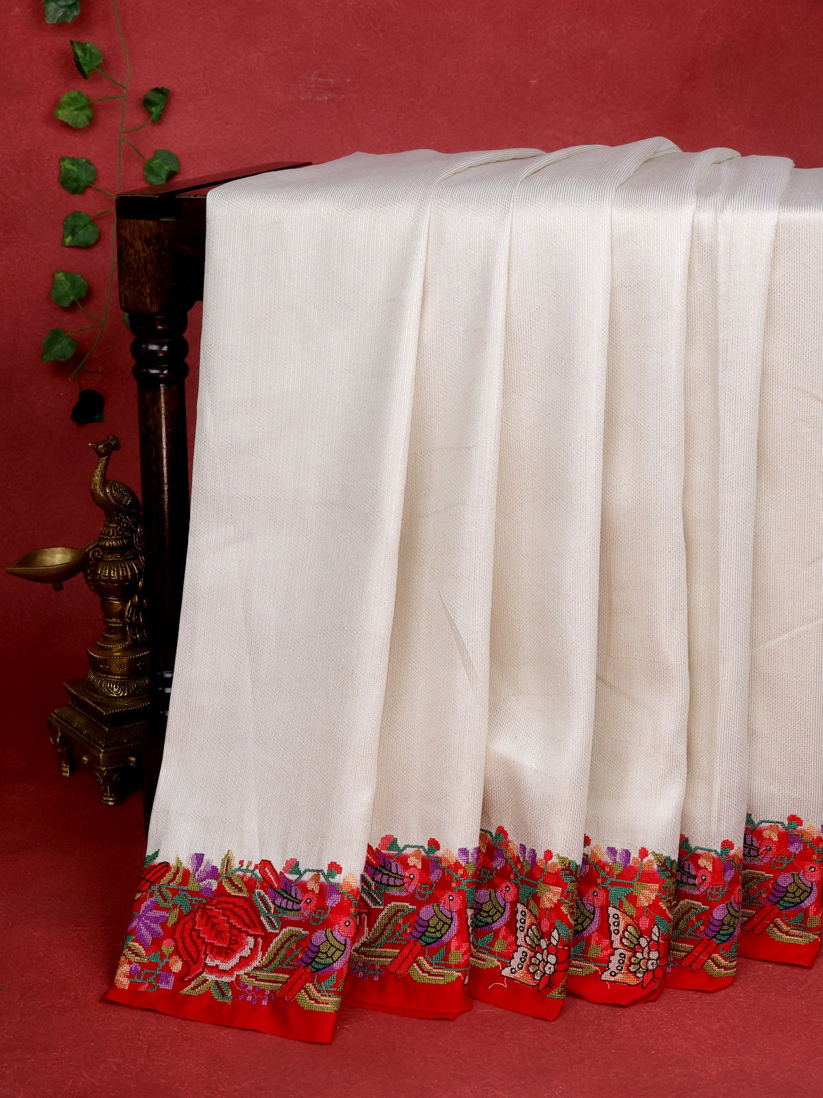Off White & Red Banarasi Pure Munga Silk With Convent Petit Embroidery Border