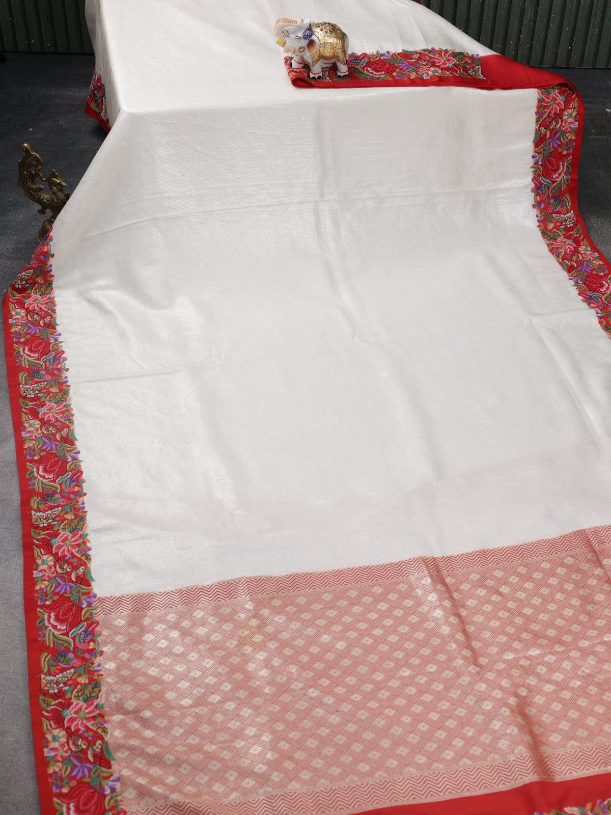 Off White & Red Banarasi Pure Munga Silk With Convent Petit Embroidery Border