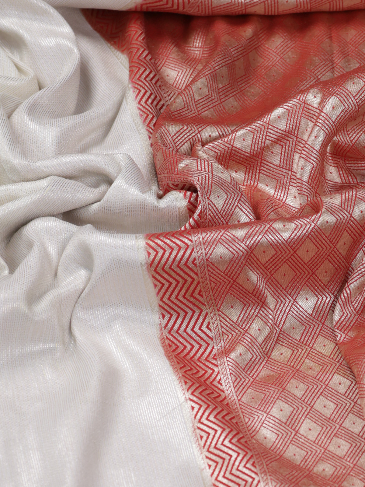 Off White & Red Banarasi Pure Munga Silk With Convent Petit Embroidery Border