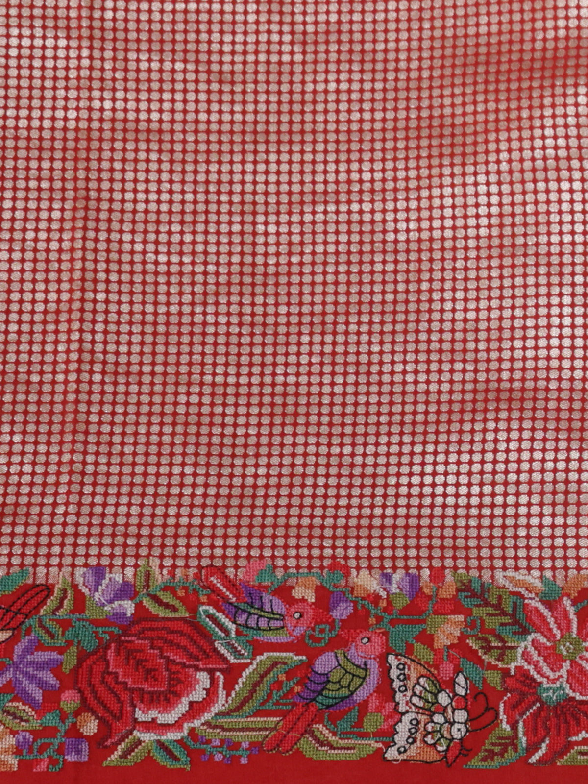 Off White & Red Banarasi Pure Munga Silk With Convent Petit Embroidery Border