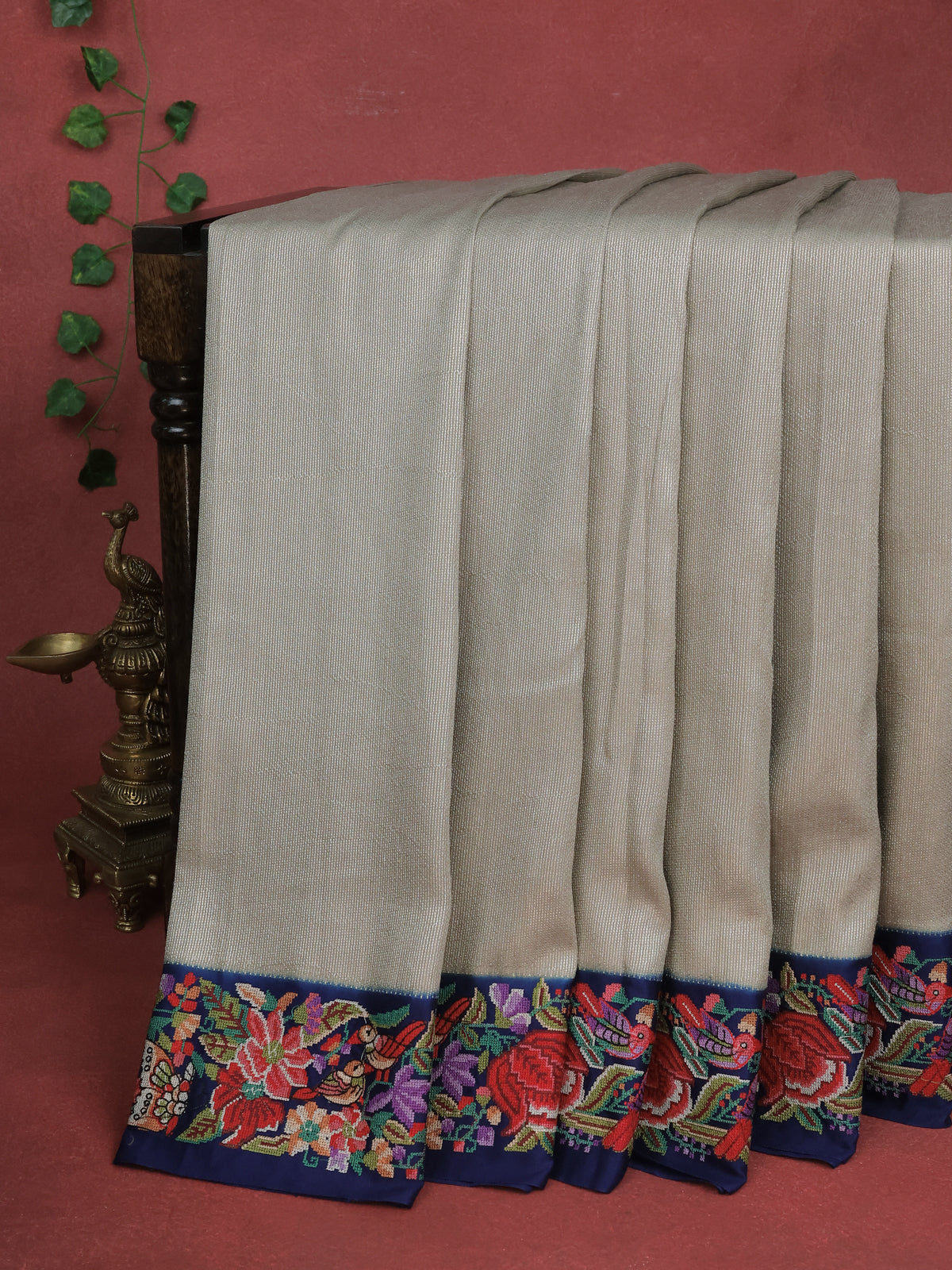 Silver & Blue Banarasi Pure Munga Silk With Convent Petit Embroidery Border