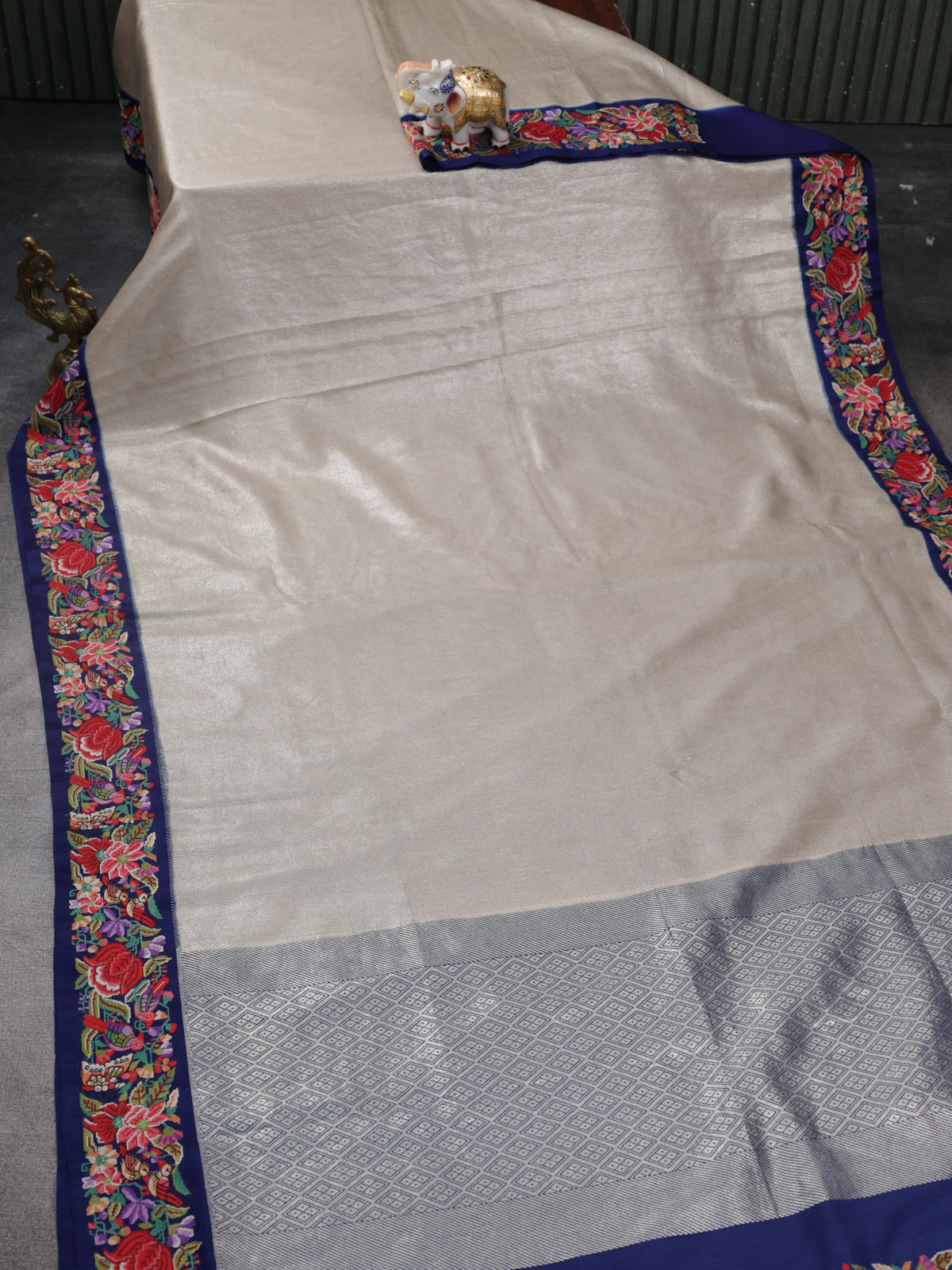 Silver & Blue Banarasi Pure Munga Silk With Convent Petit Embroidery Border