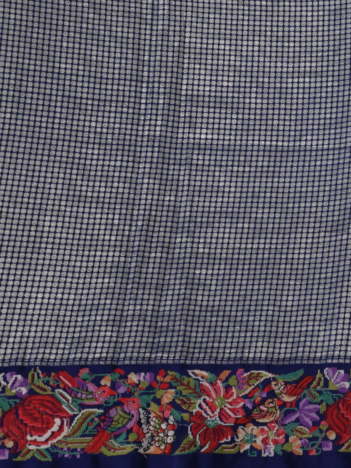 Silver & Blue Banarasi Pure Munga Silk With Convent Petit Embroidery Border