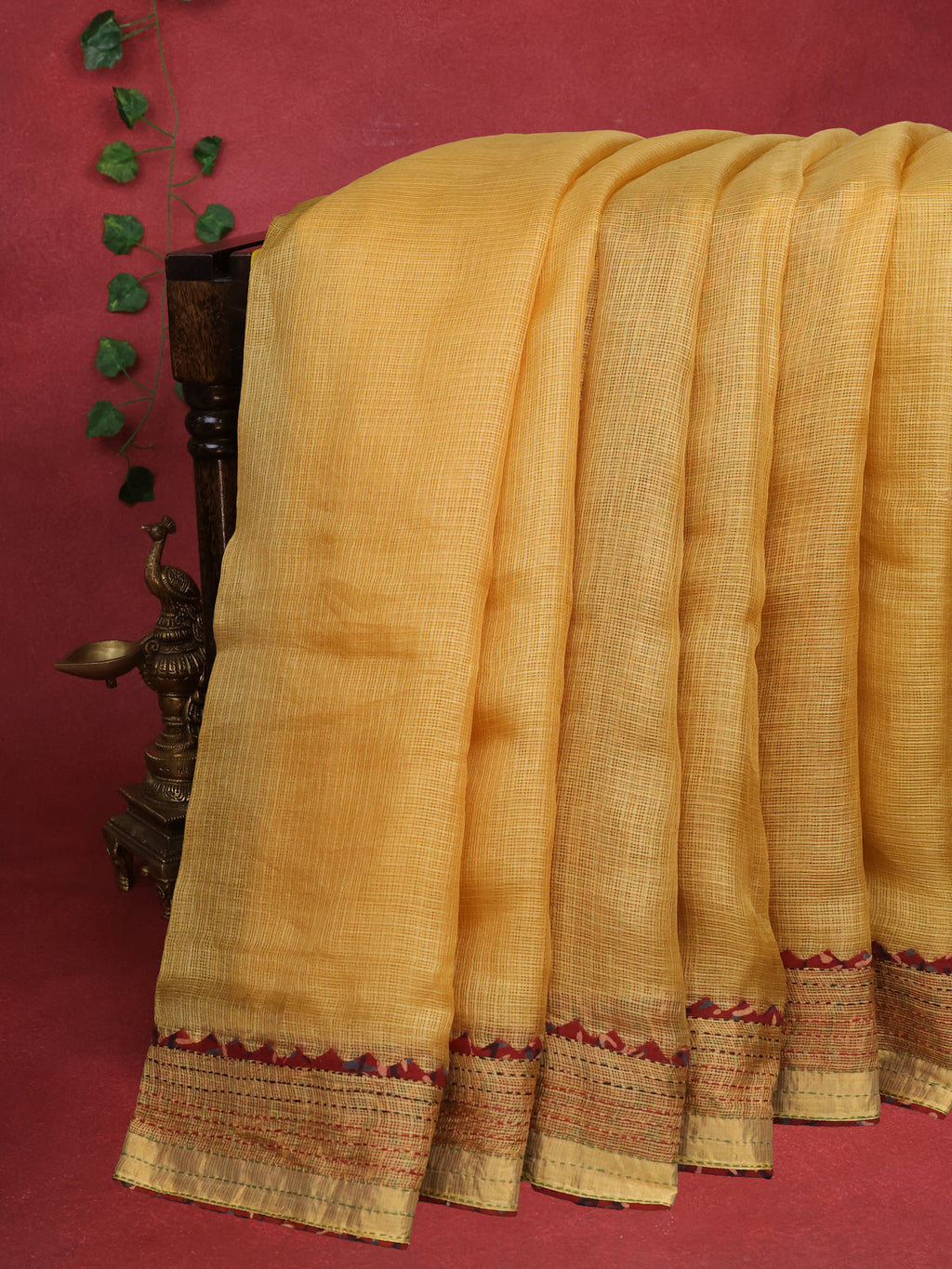 Yellow & Maroon Silk Kota Saree With Reverse Applique Work