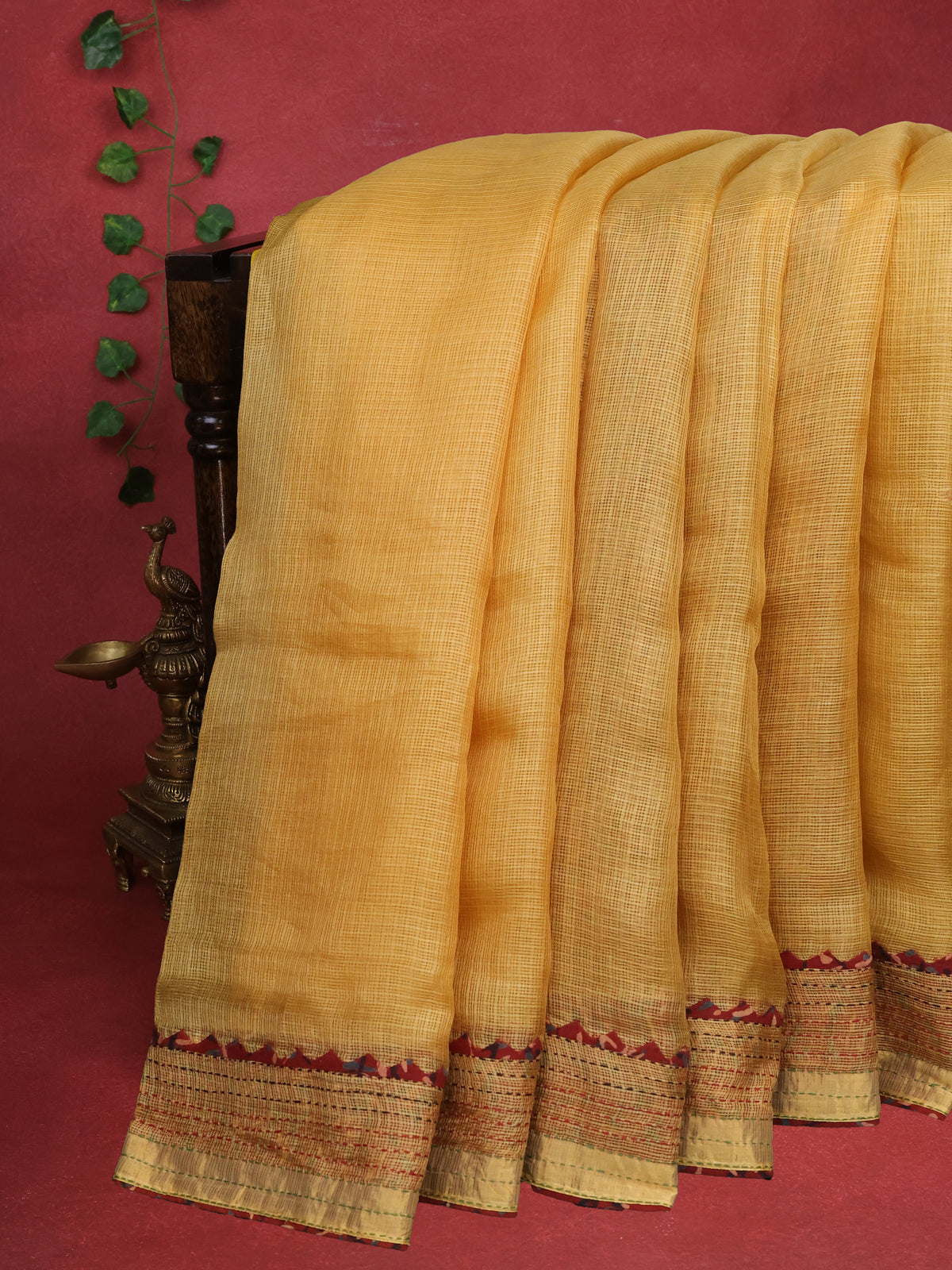 Yellow & Maroon Silk Kota Saree With Reverse Applique Work