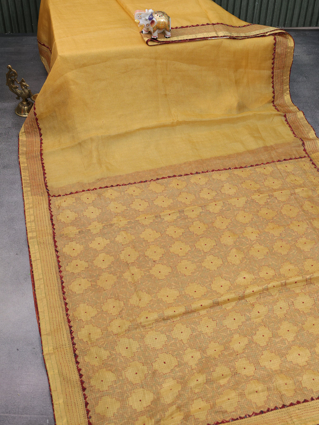 Yellow & Maroon Silk Kota Saree With Reverse Applique Work