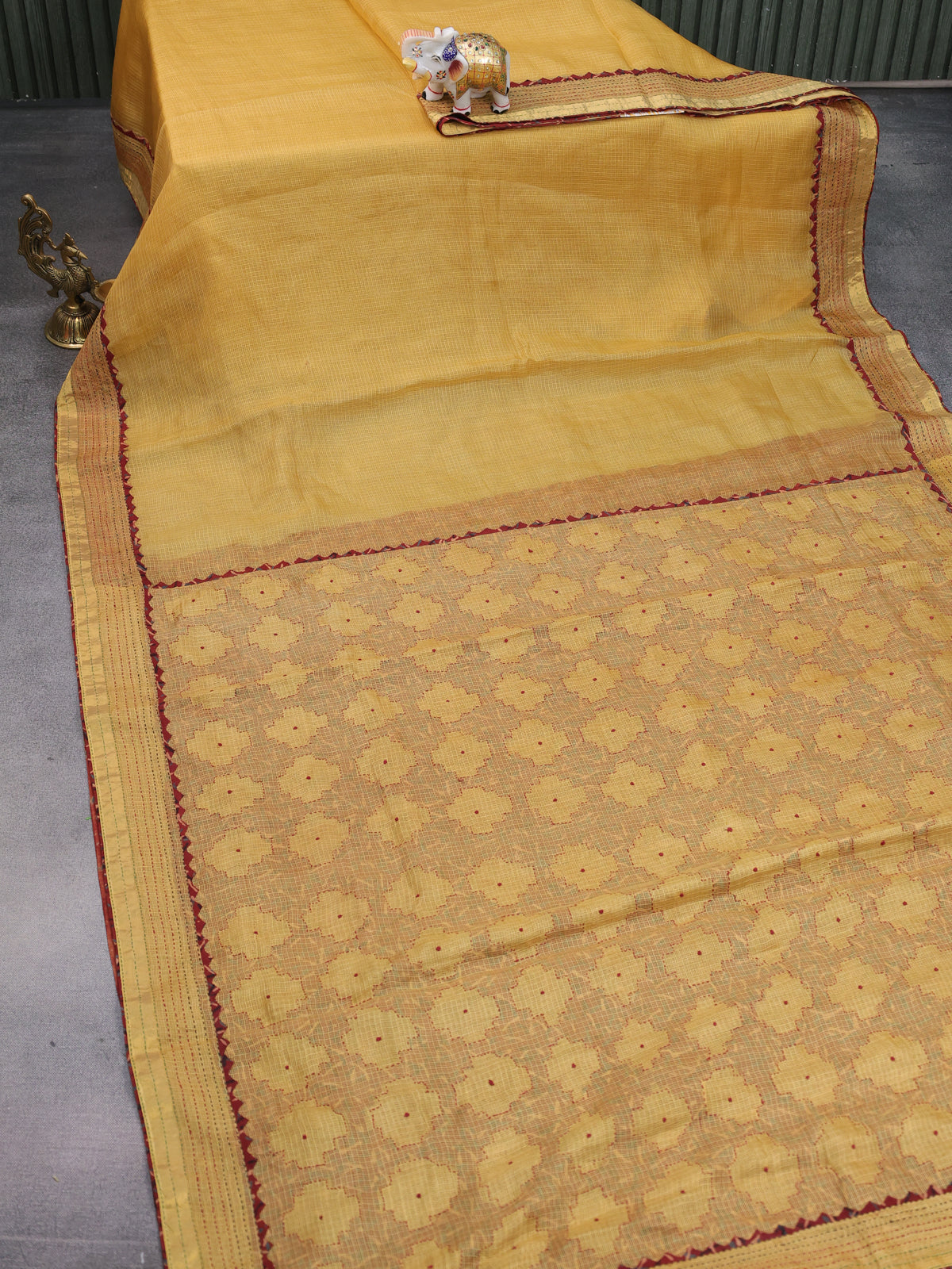 Yellow & Maroon Silk Kota Saree With Reverse Applique Work