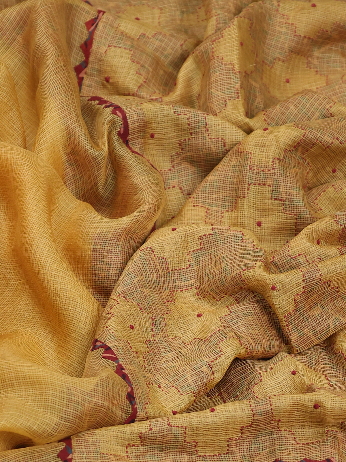 Yellow & Maroon Silk Kota Saree With Reverse Applique Work