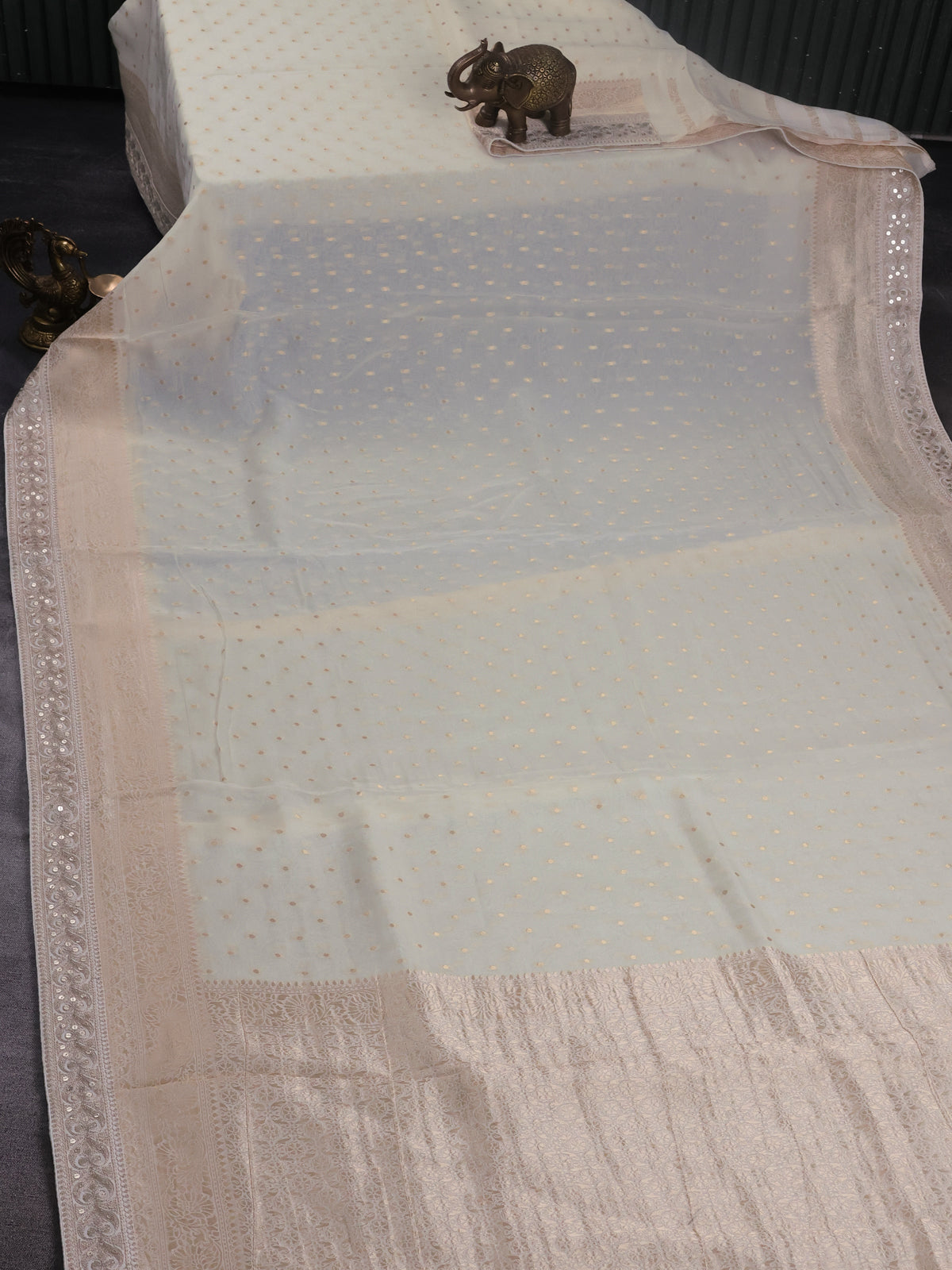 Off White Georgette Organza With Weave Butta And Fancy Border And Blouse