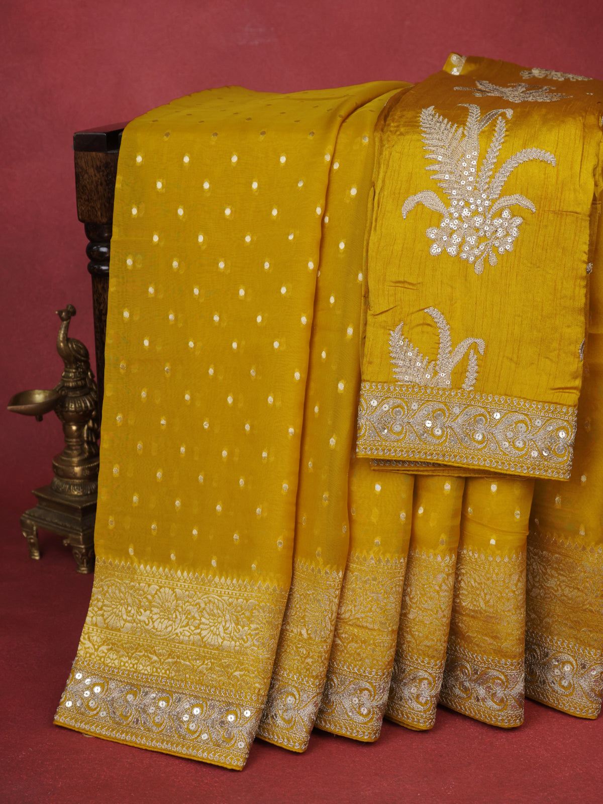 Yellow Georgette Organza With Weave Butta And Fancy Border And Blouse