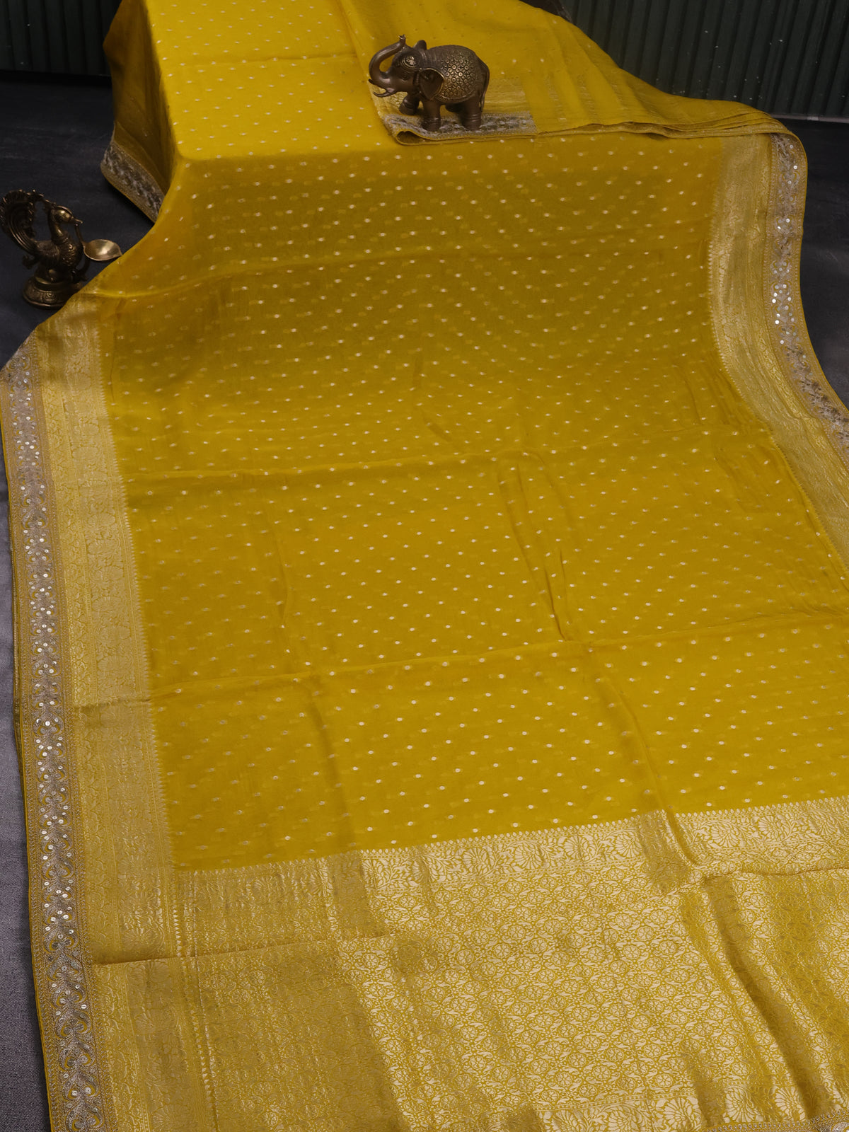 Yellow Georgette Organza With Weave Butta And Fancy Border And Blouse