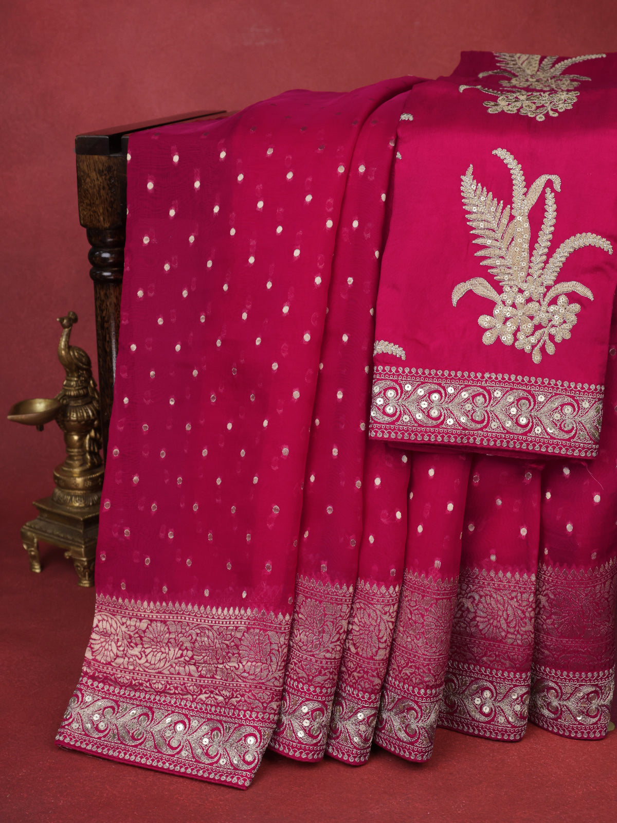 Pink Georgette Organza With Weave Butta And Fancy Border And Blouse