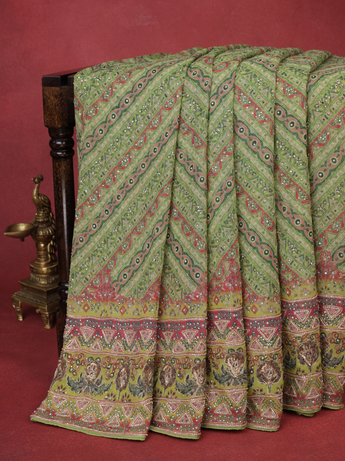 Green Printed Georgette With Sequin And Embroidery