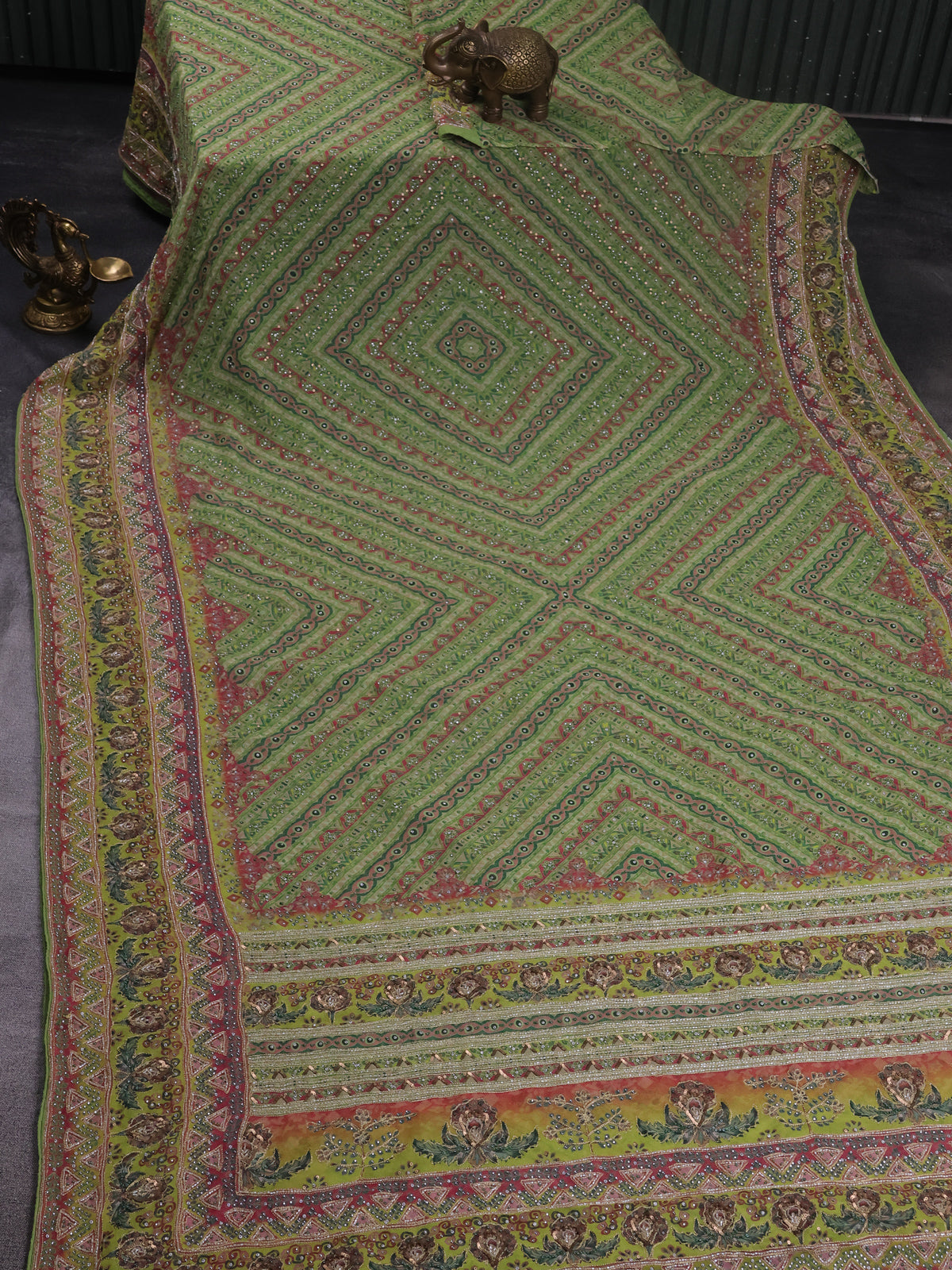 Green Printed Georgette With Sequin And Embroidery