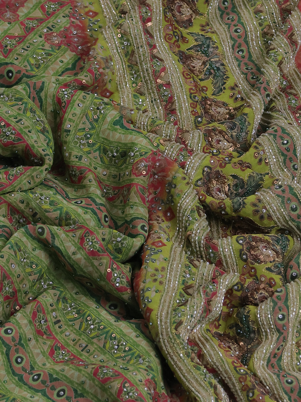 Green Printed Georgette With Sequin And Embroidery