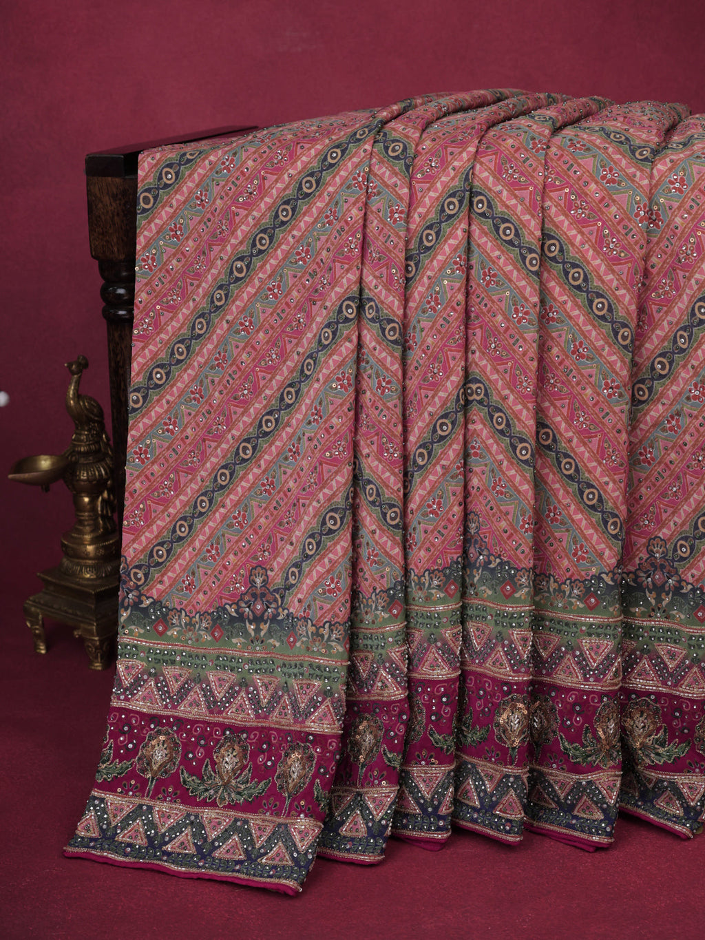 Peach & Pink Printed Georgette With Sequin And Embroidery