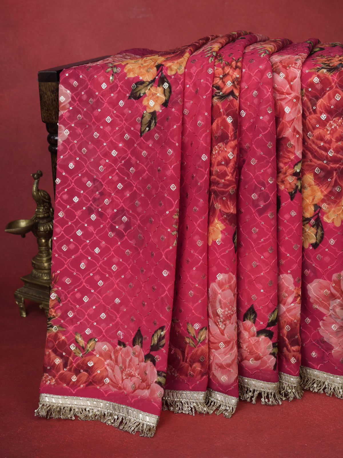 Pink Georgette Saree With Embroidery And Fancy Border