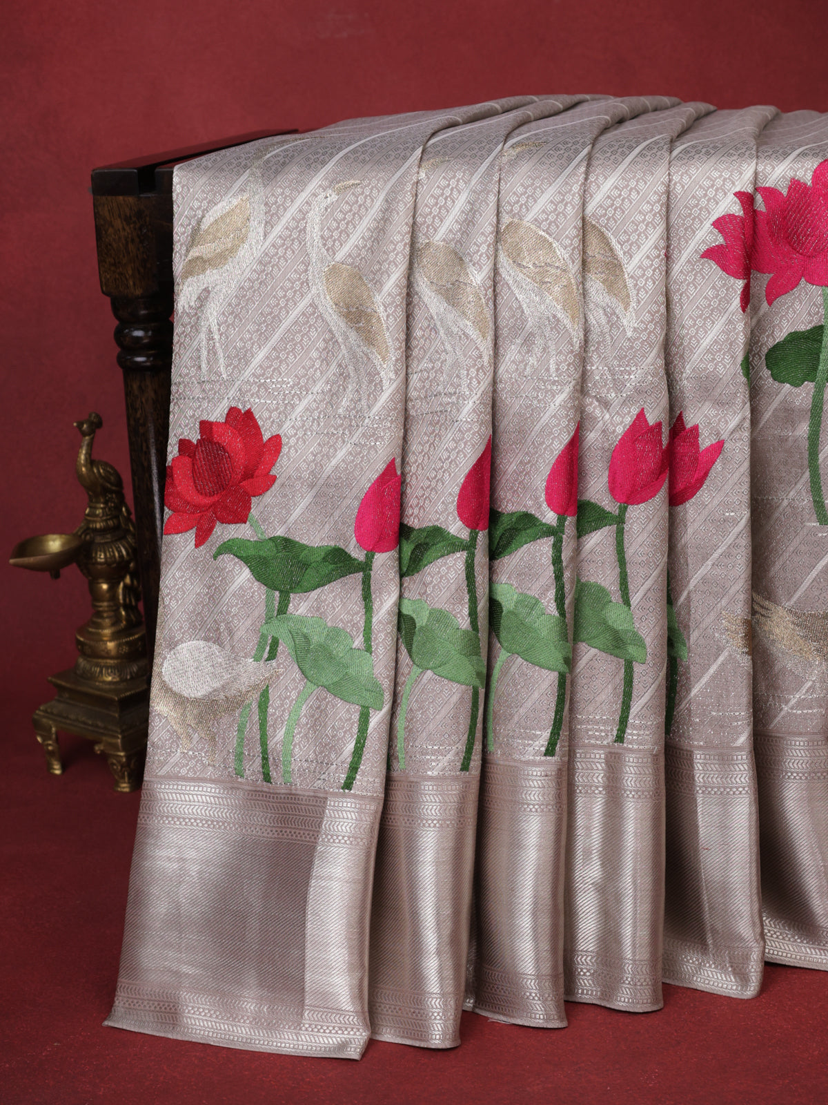 Silver Grey Kanchipuram Silk Saree With Allover Embroidery And Silver Zari