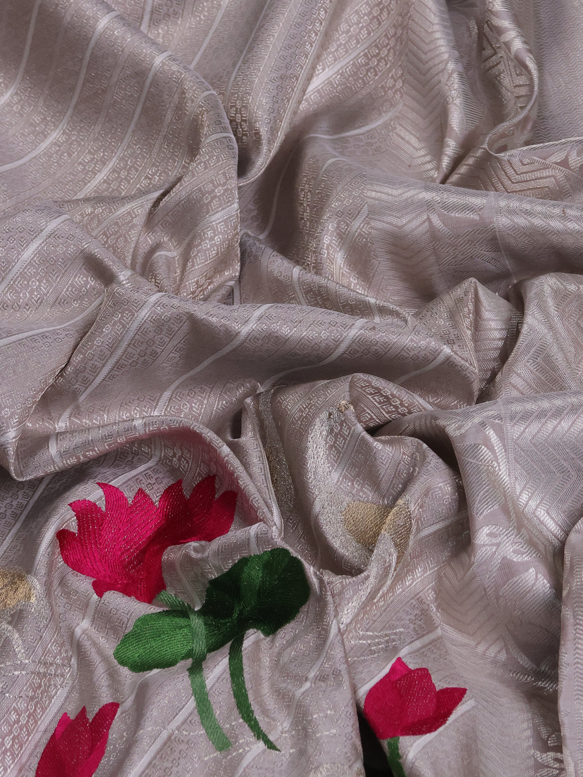 Silver Grey Kanchipuram Silk Saree With Allover Embroidery And Silver Zari