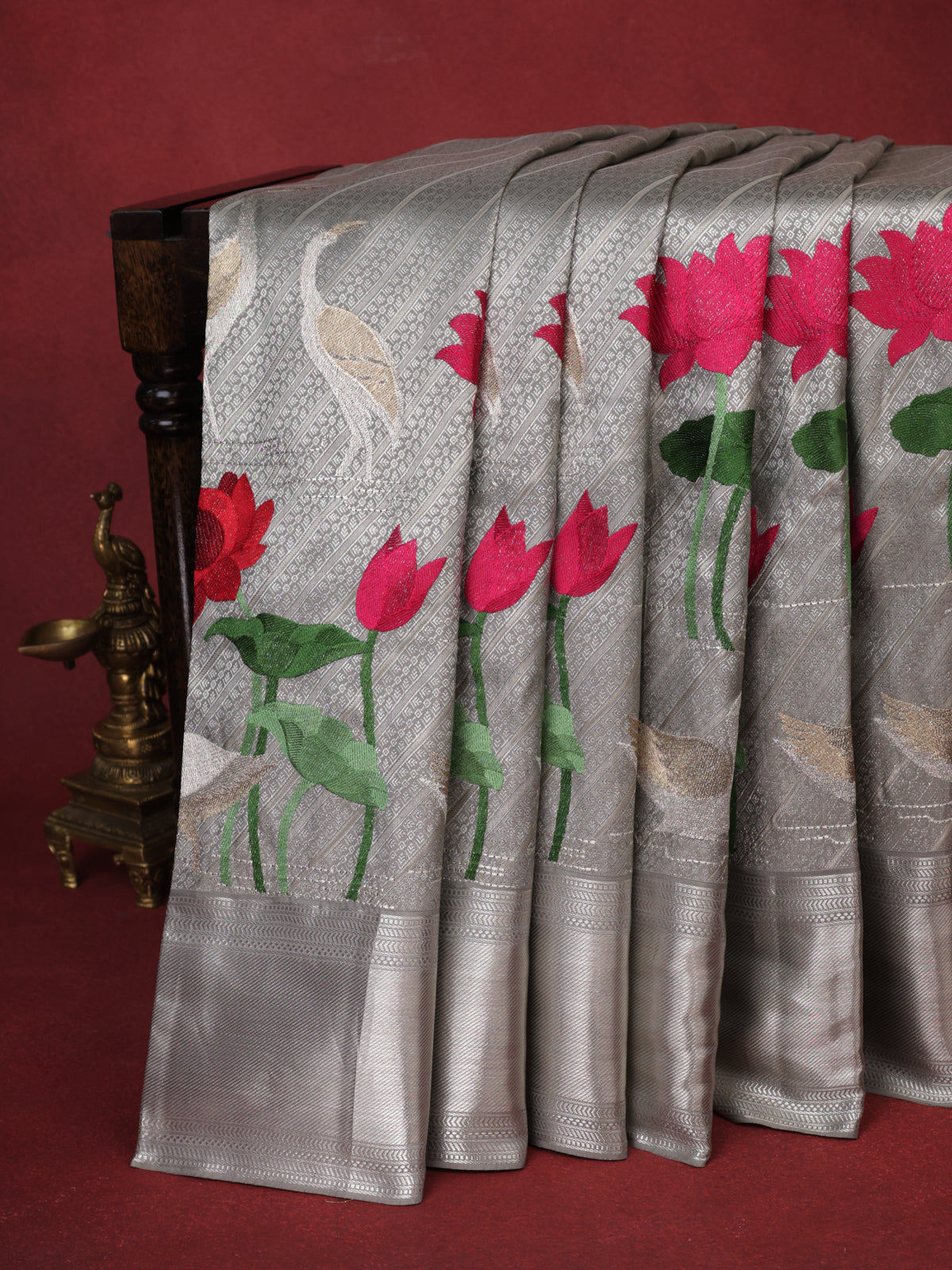 Pearl Grey Kanchipuram Silk Saree With Allover Embroidery And Silver Zari