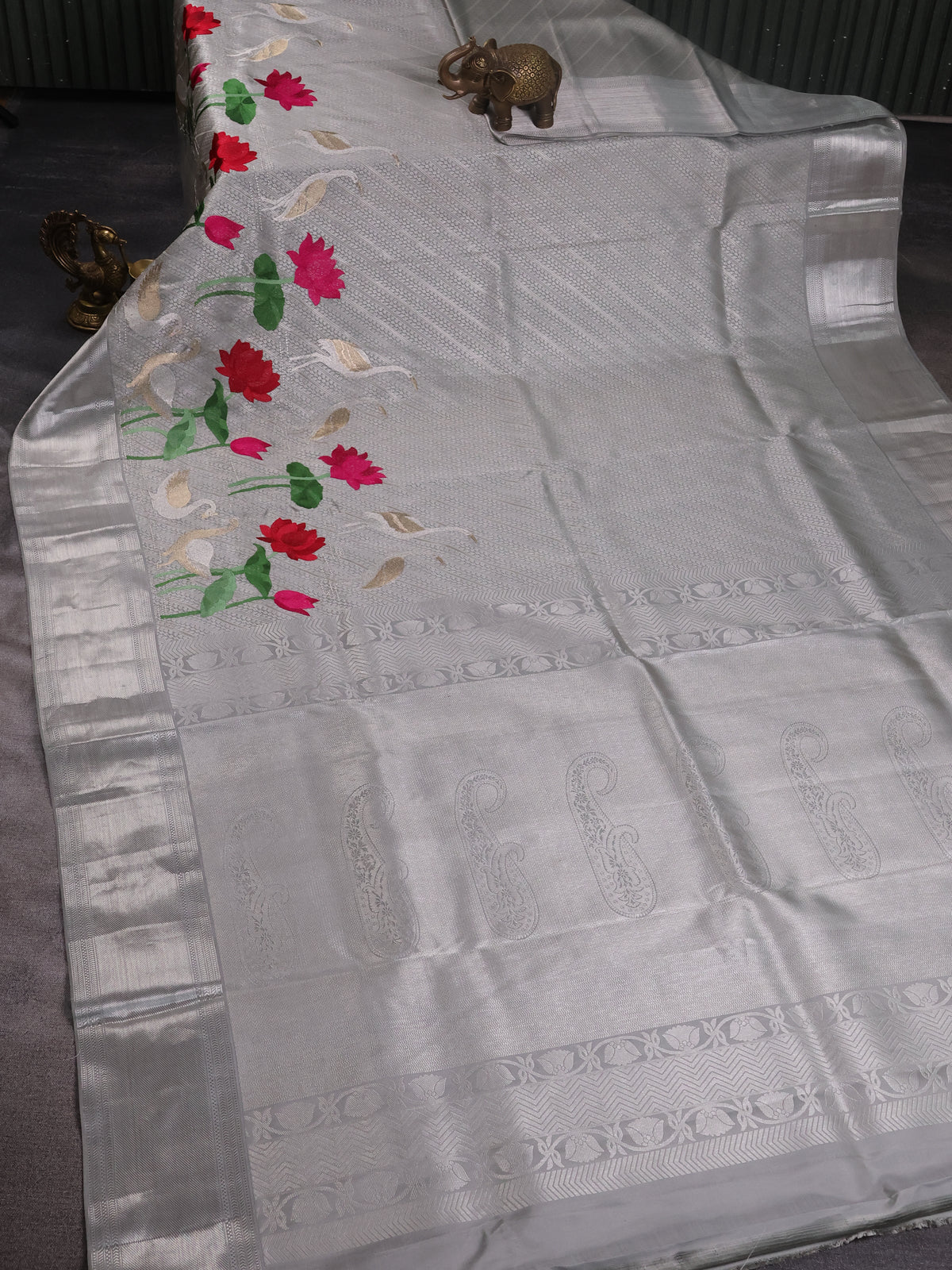 Pearl Grey Kanchipuram Silk Saree With Allover Embroidery And Silver Zari