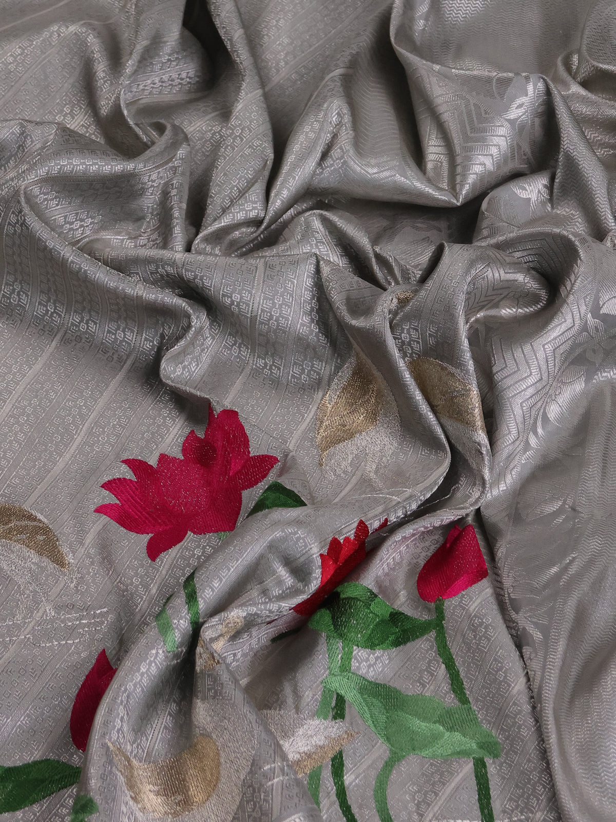 Pearl Grey Kanchipuram Silk Saree With Allover Embroidery And Silver Zari