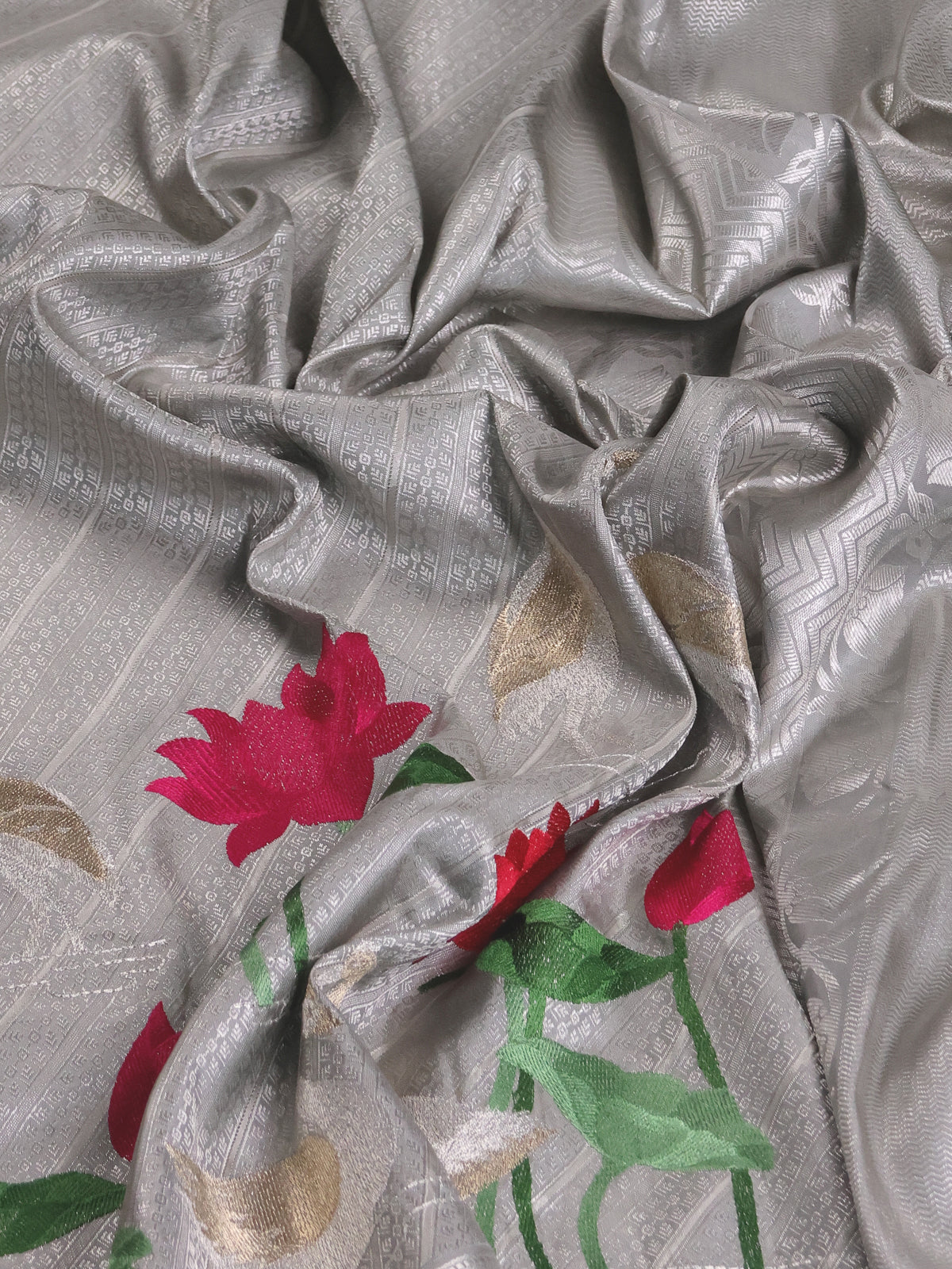 Tissue Kanchipuram Silk Saree With Allover Embroidery And Silver Zari