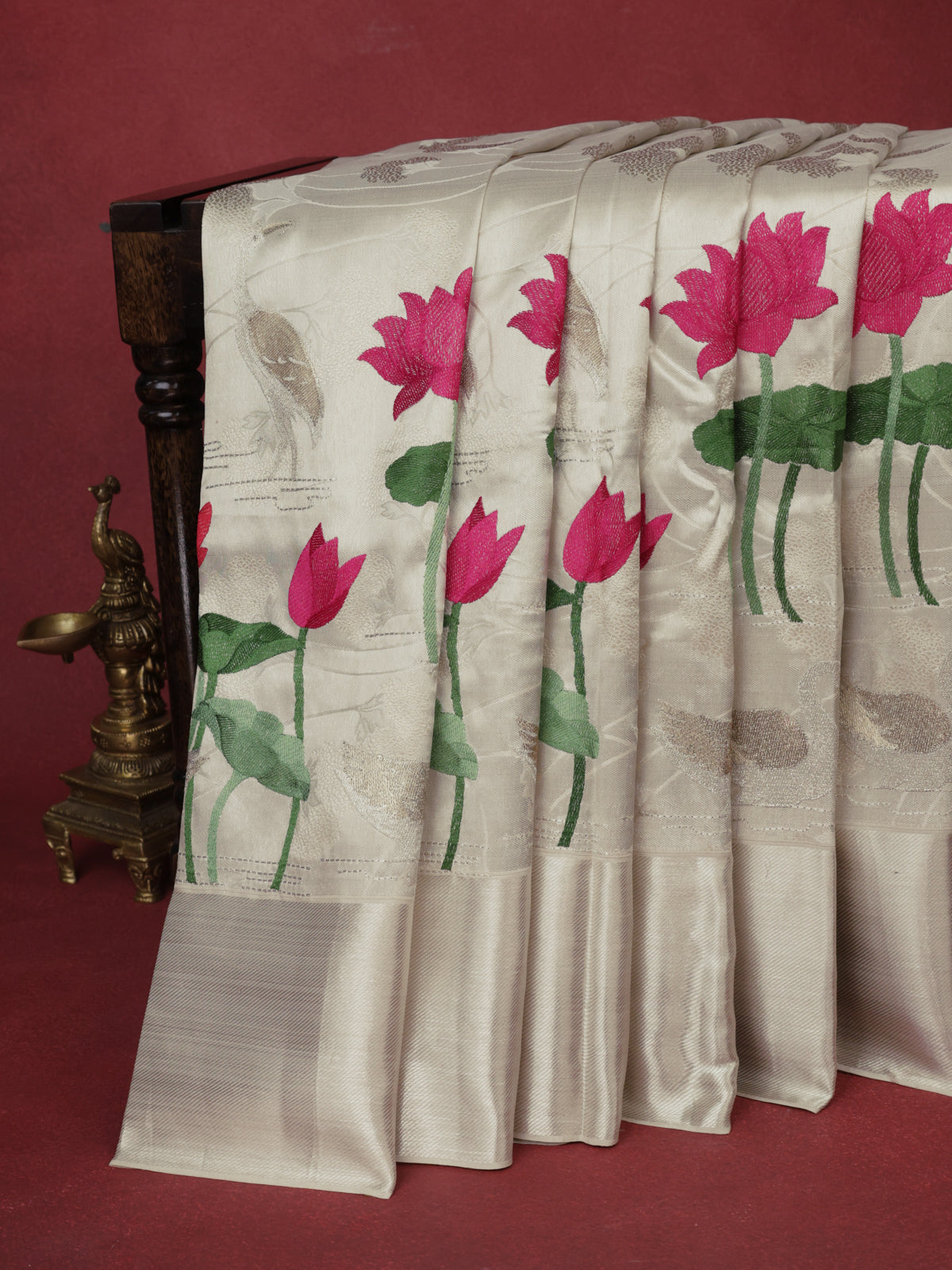 Tissue Kanchipuram Silk Saree With Allover Embroidery And Silver Zari