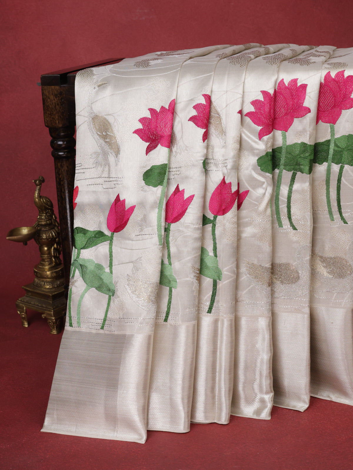 Off White Tissue Kanchipuram Silk Saree With Allover Embroidery And Silver Zari