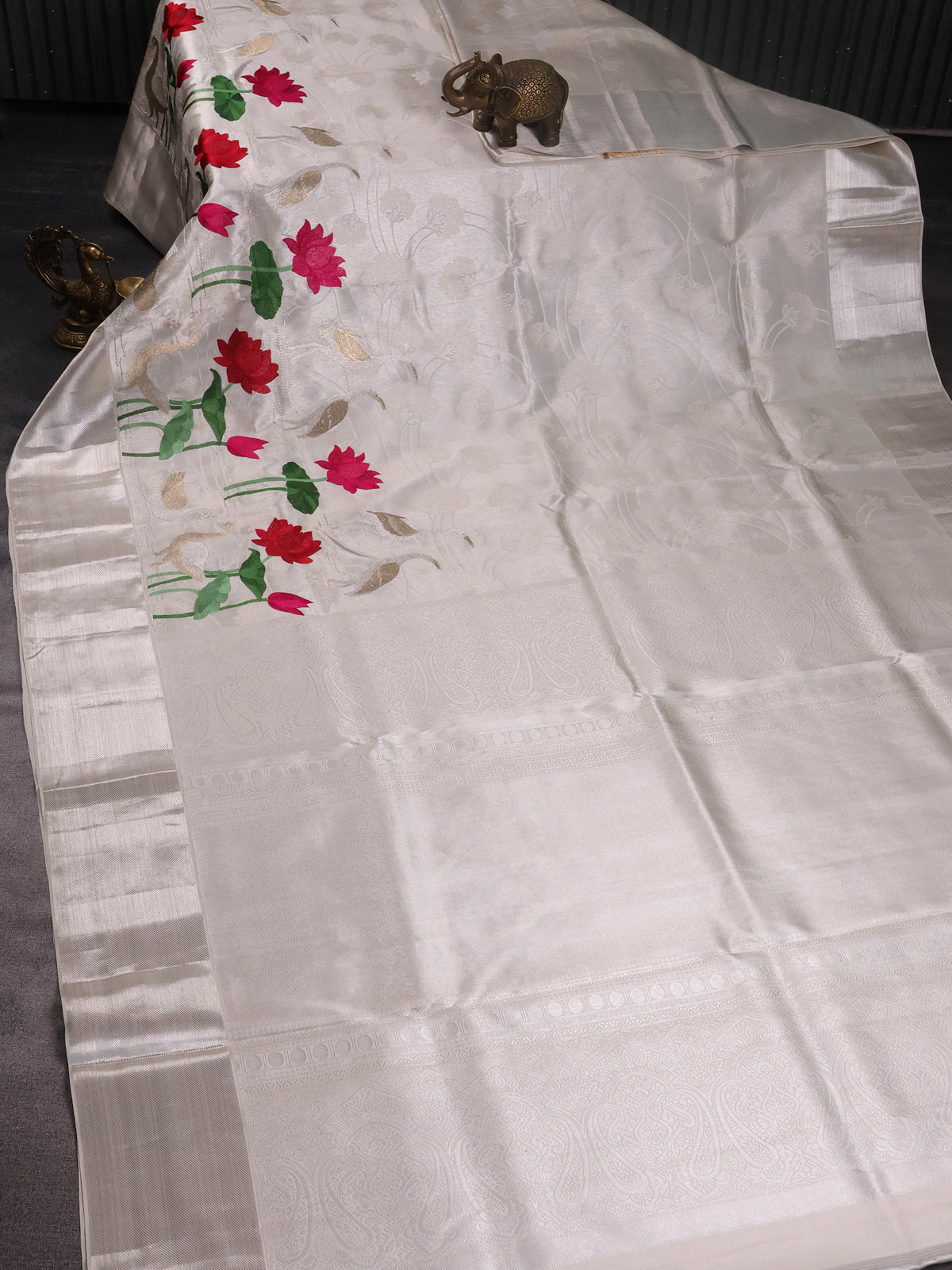 Off White Tissue Kanchipuram Silk Saree With Allover Embroidery And Silver Zari
