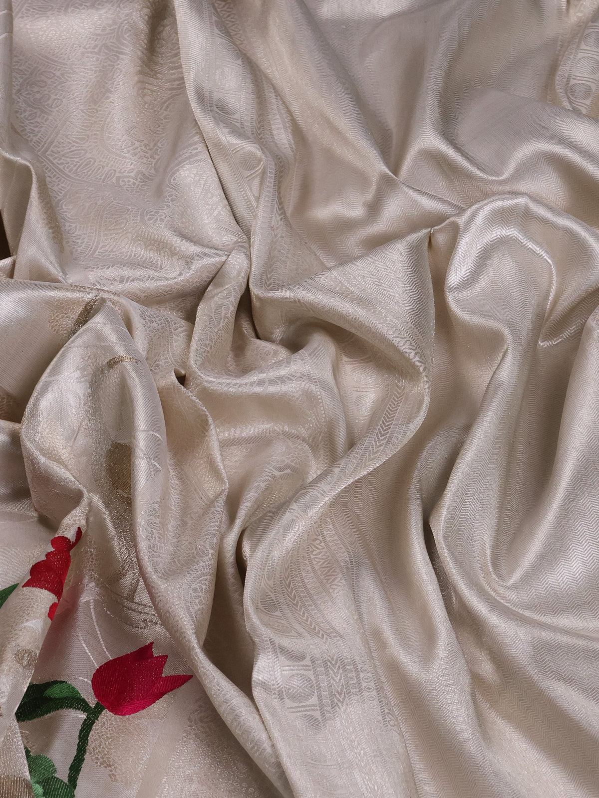 Off White Tissue Kanchipuram Silk Saree With Allover Embroidery And Silver Zari